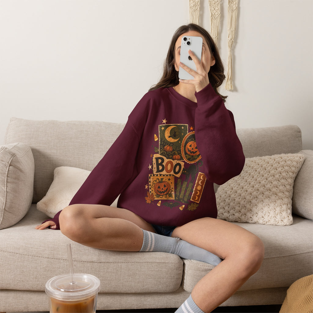 Halloween Vintage Patchwork Sweatshirt – 'Boo' Jack-o'-Lantern Crewneck