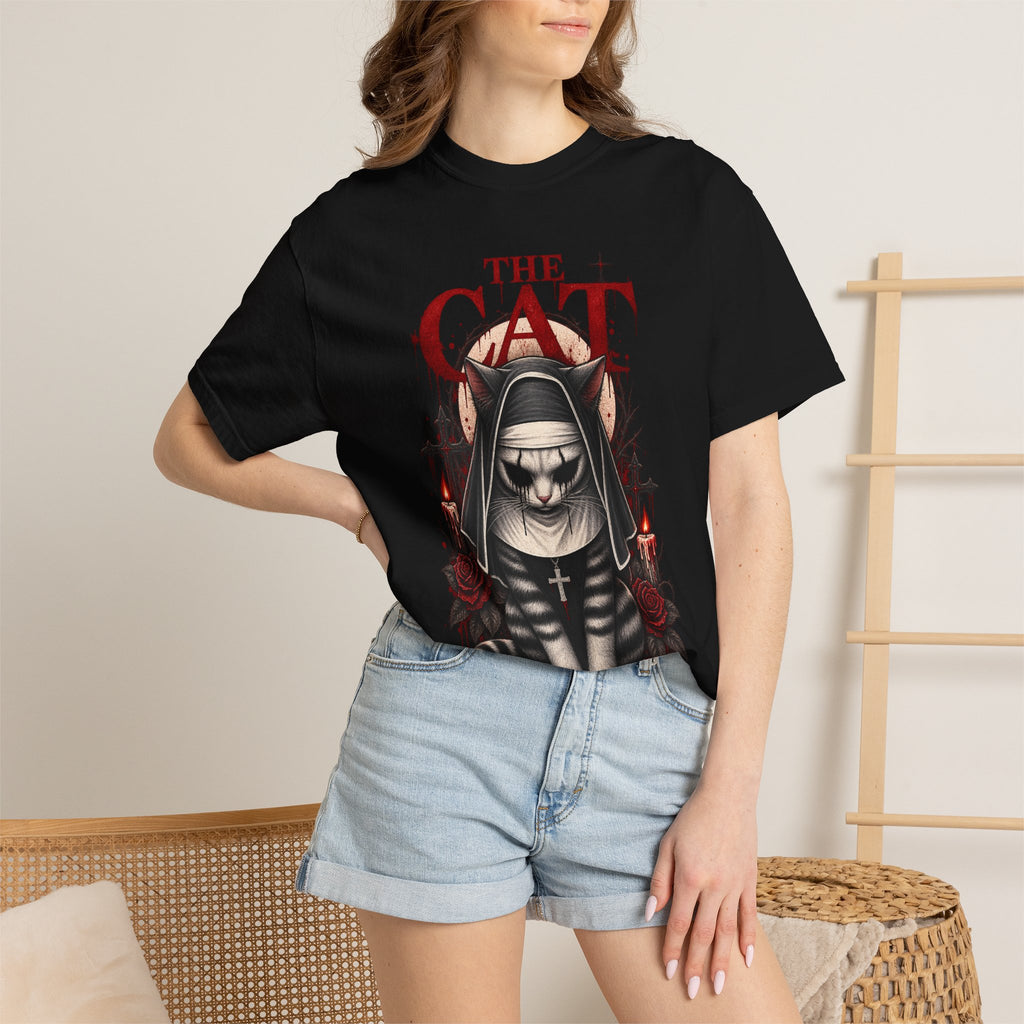 Gothic 'The Cat' T-Shirt — Nun Cat with Roses & Crosses