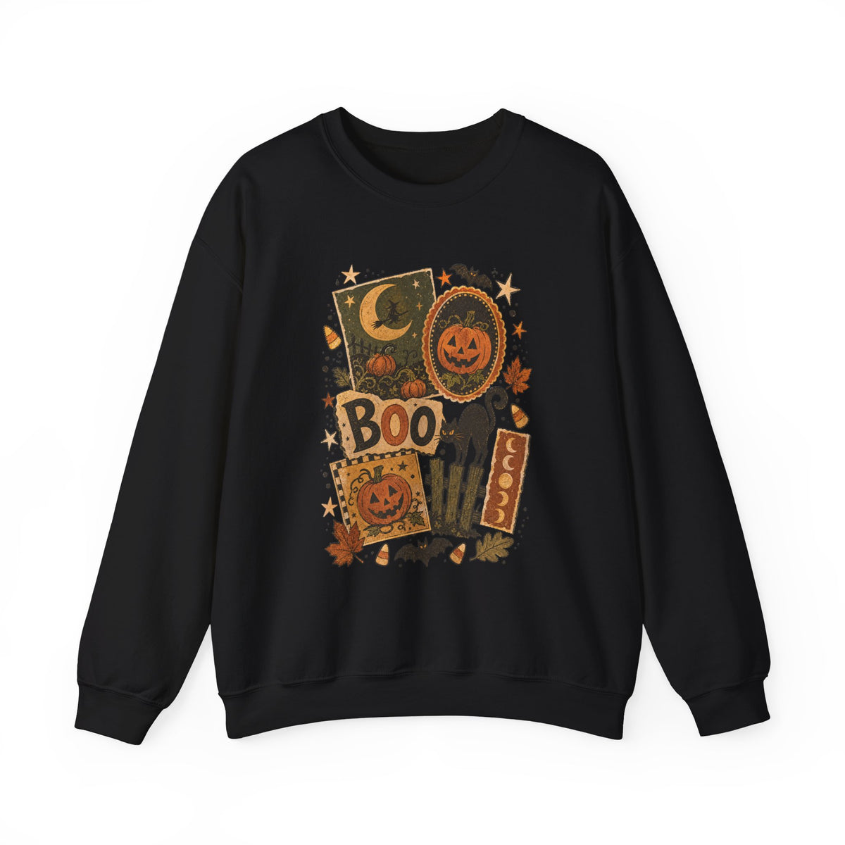 Halloween Vintage Patchwork Sweatshirt – 'Boo' Jack-o'-Lantern Crewneck