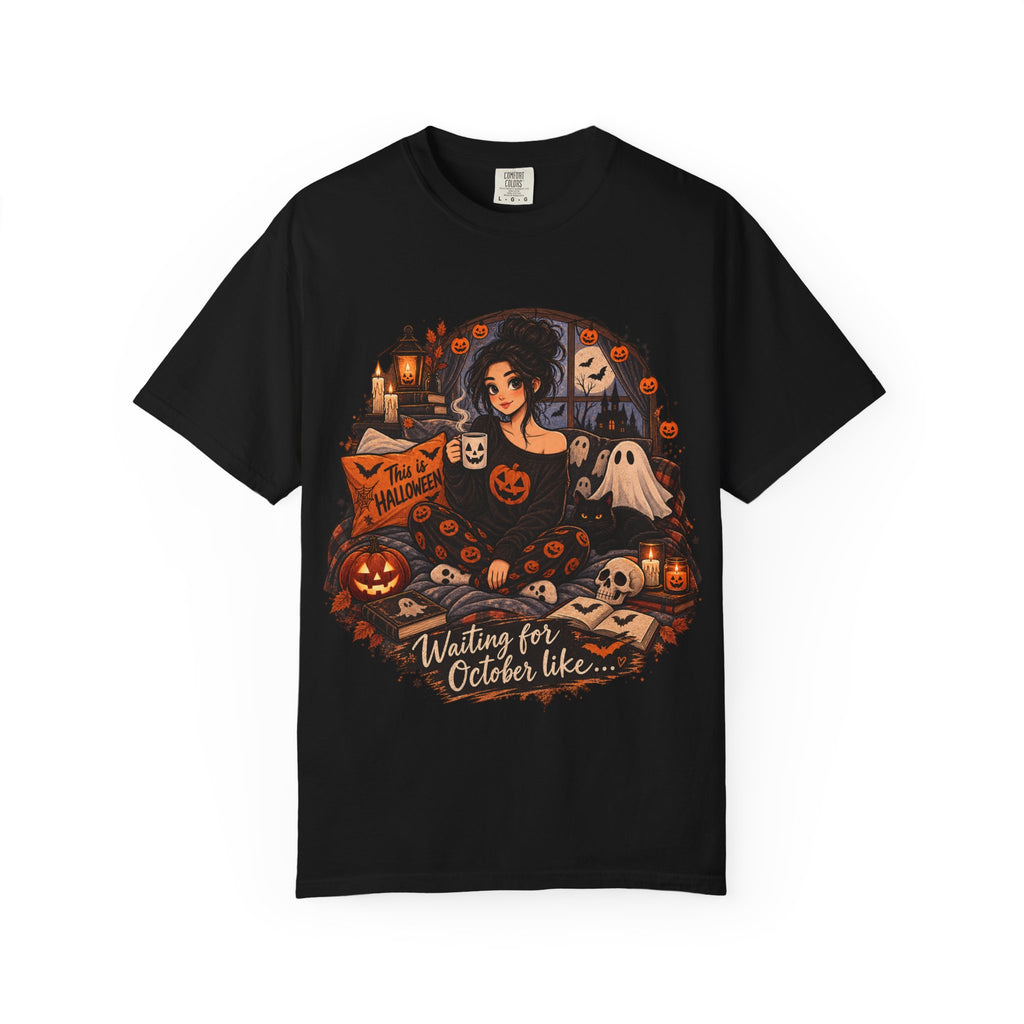 Halloween Vibes T-Shirt — "Waiting for October Like..." Spooky Scene Tee