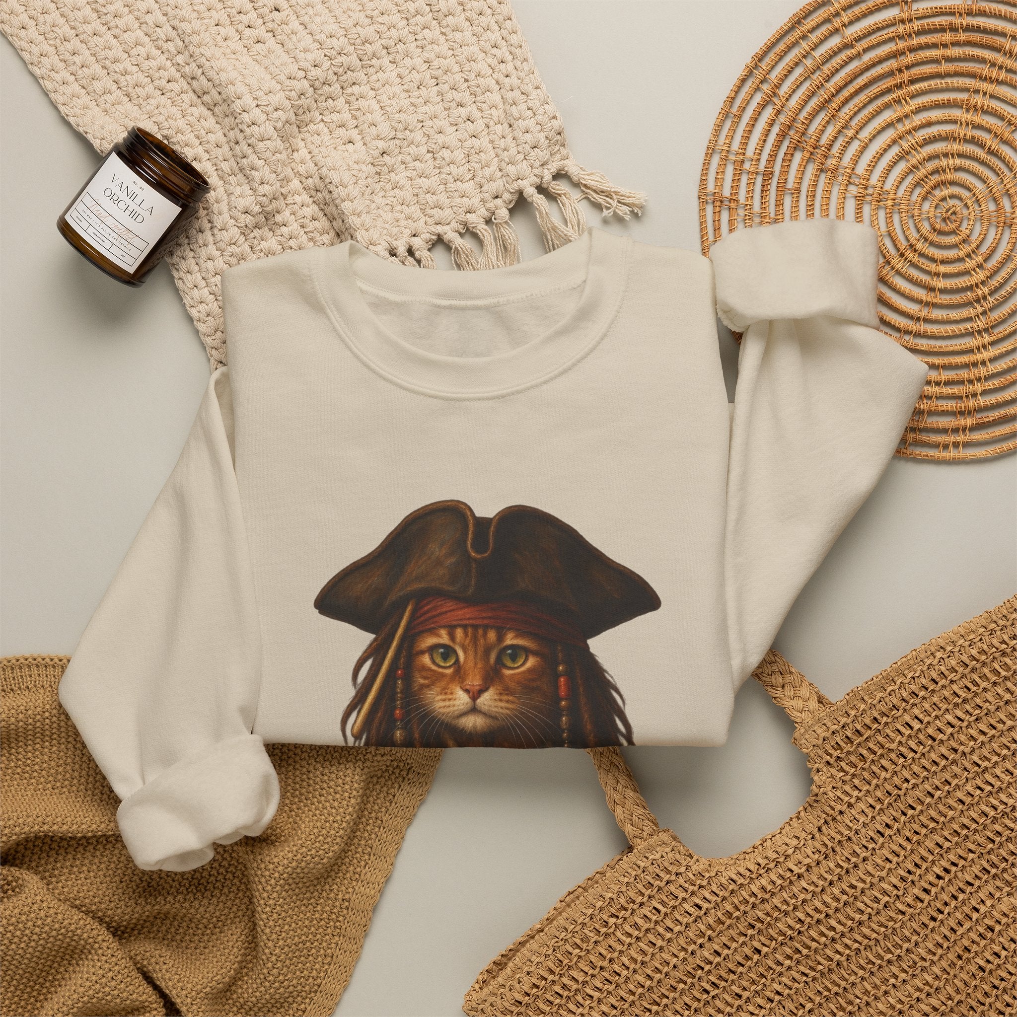Pirate Cat Crewneck Sweatshirt — Captain Cat Portrait Pullover