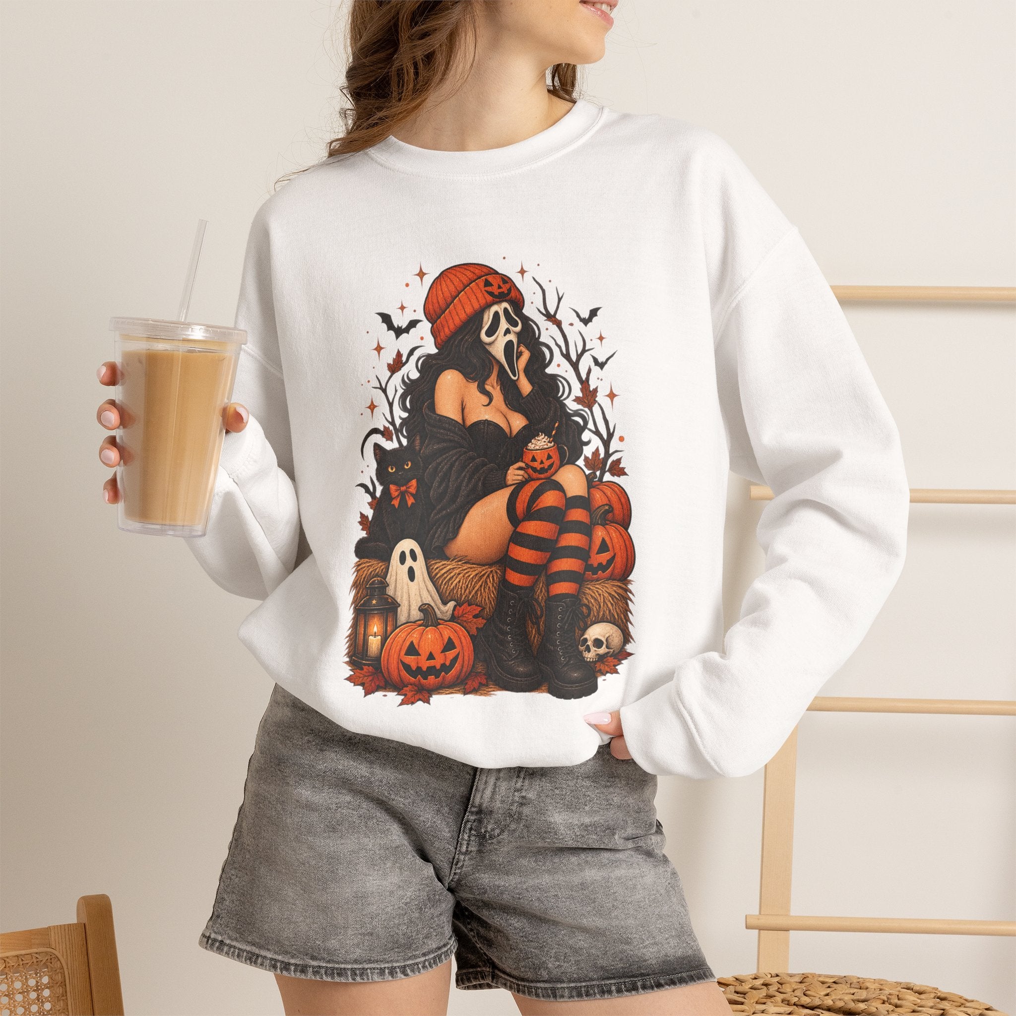Halloween Crewneck Sweatshirt — Cozy Gothic Pumpkin & Skull Design