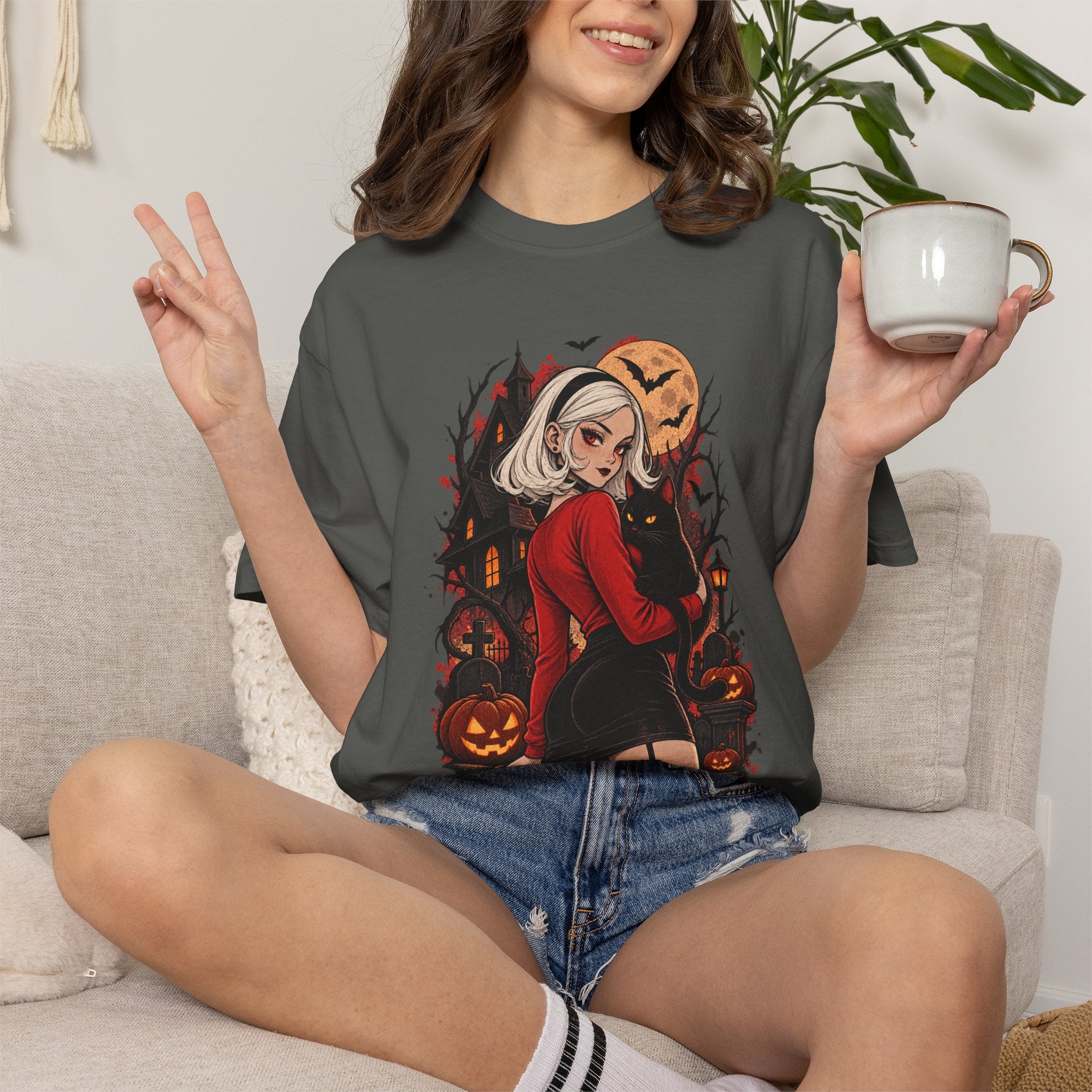 Halloween Pin-Up T-Shirt — Sexy Witch Girl with Jack-O'-Lanterns