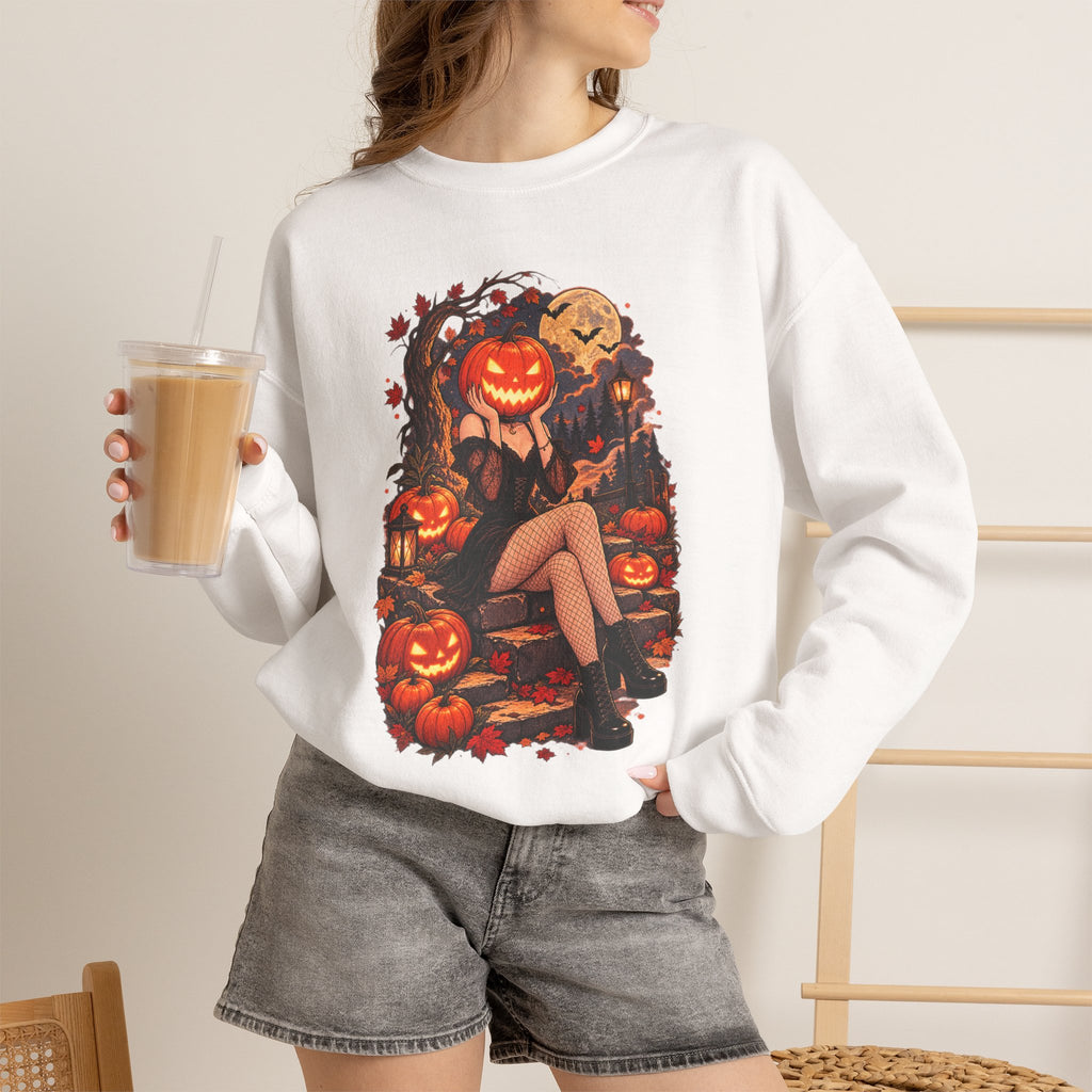 Halloween Pumpkin Girl Crewneck Sweatshirt — Spooky Autumn Graphic Sweatshirt
