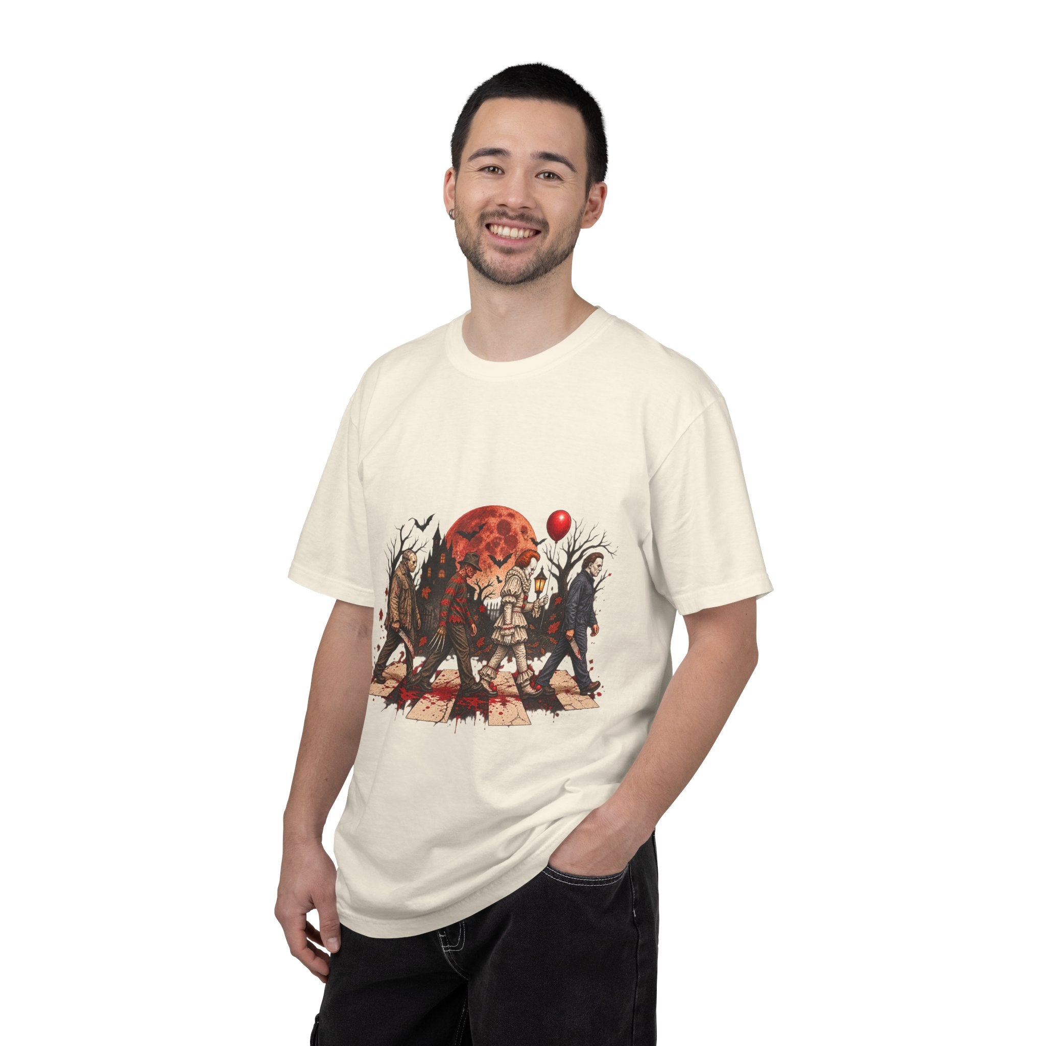 Horror Icons Crossing Graphic T-Shirt — Red Moon Pennywise & Slasher Mashup