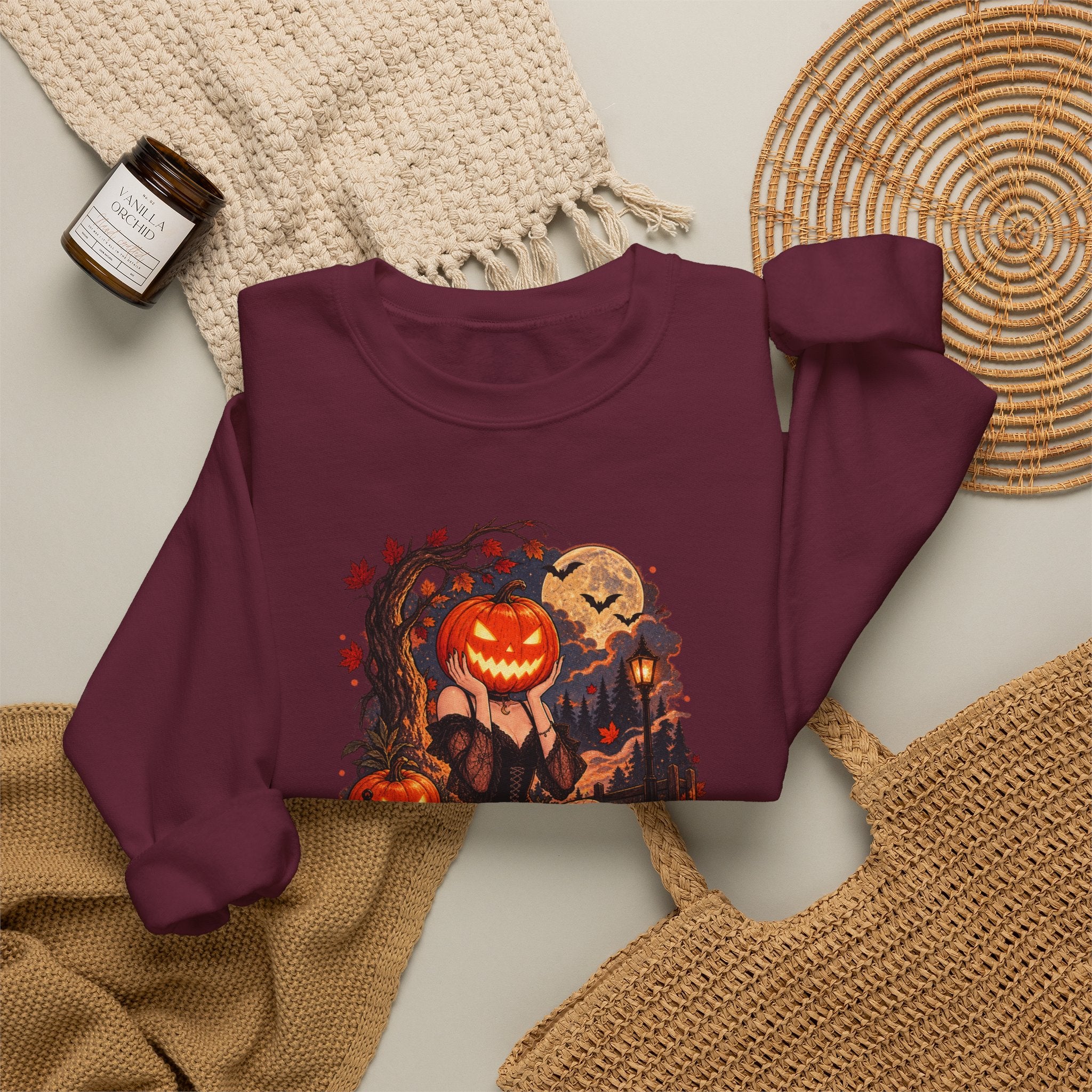 Halloween Pumpkin Girl Crewneck Sweatshirt — Spooky Autumn Graphic Sweatshirt