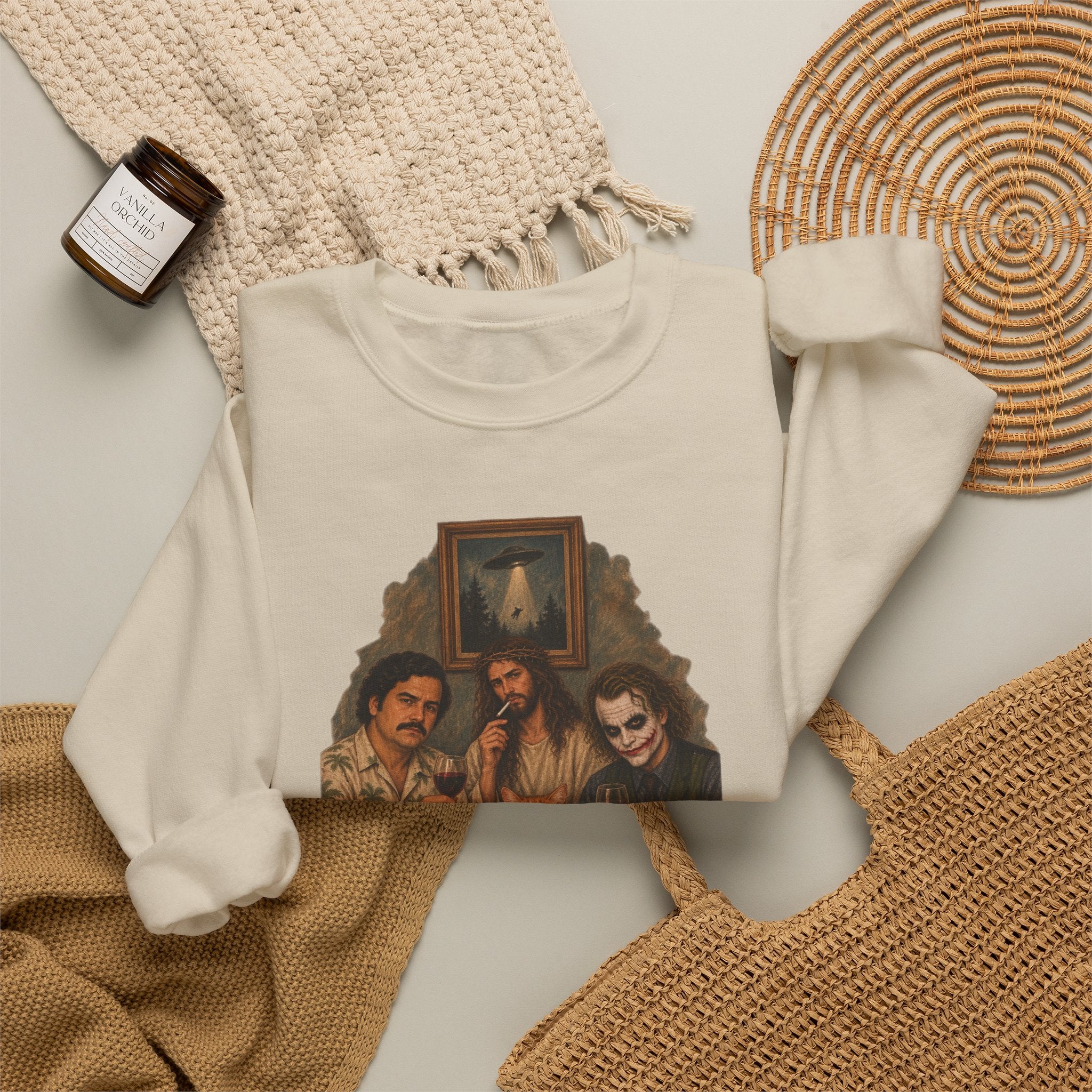 Crewneck Sweatshirt — Vintage Movie Villains Thanksgiving Dinner Graphic