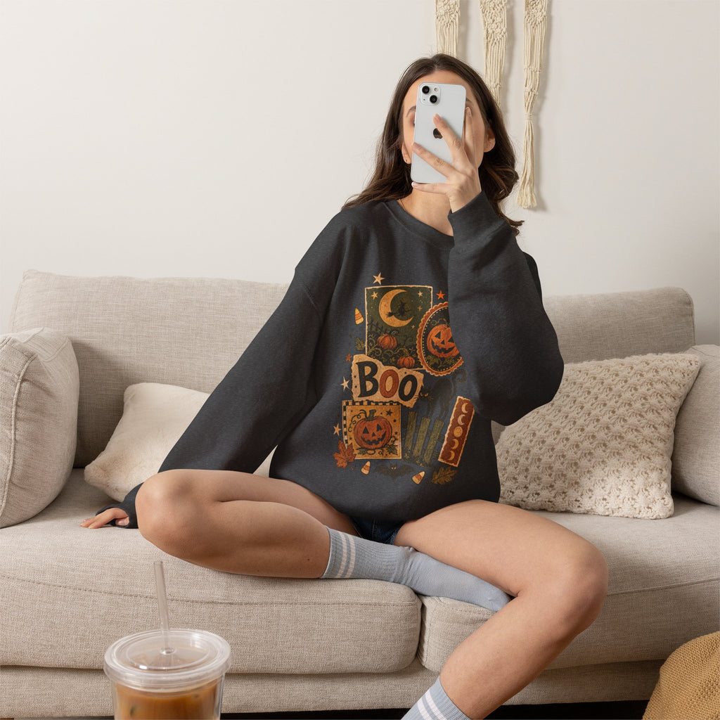 Halloween Vintage Patchwork Sweatshirt – 'Boo' Jack-o'-Lantern Crewneck