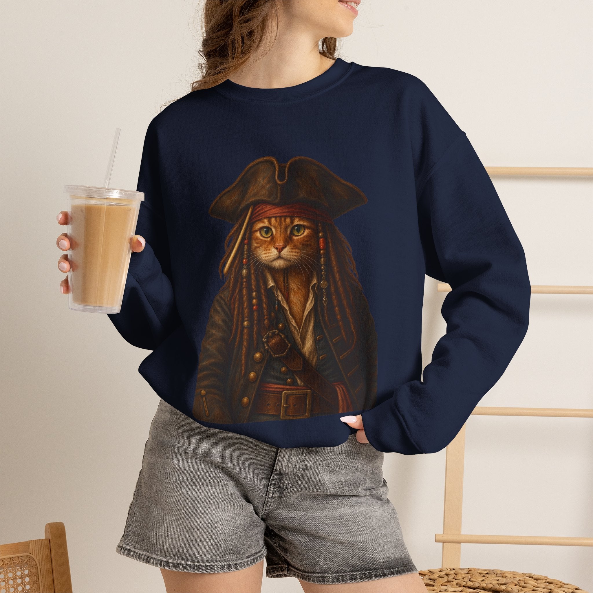 Pirate Cat Crewneck Sweatshirt — Captain Cat Portrait Pullover