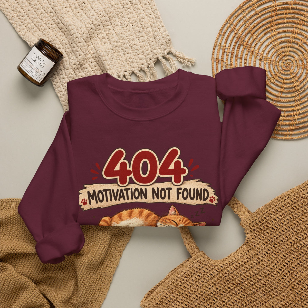 Crewneck Sweatshirt — "404 Motivation Not Found" Lazy Cat Graphic