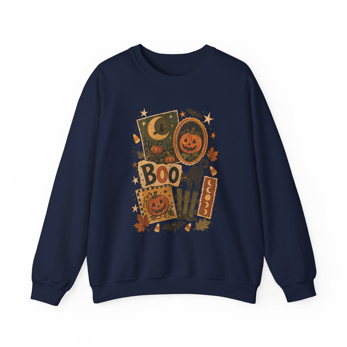 Halloween Vintage Patchwork Sweatshirt – 'Boo' Jack-o'-Lantern Crewneck