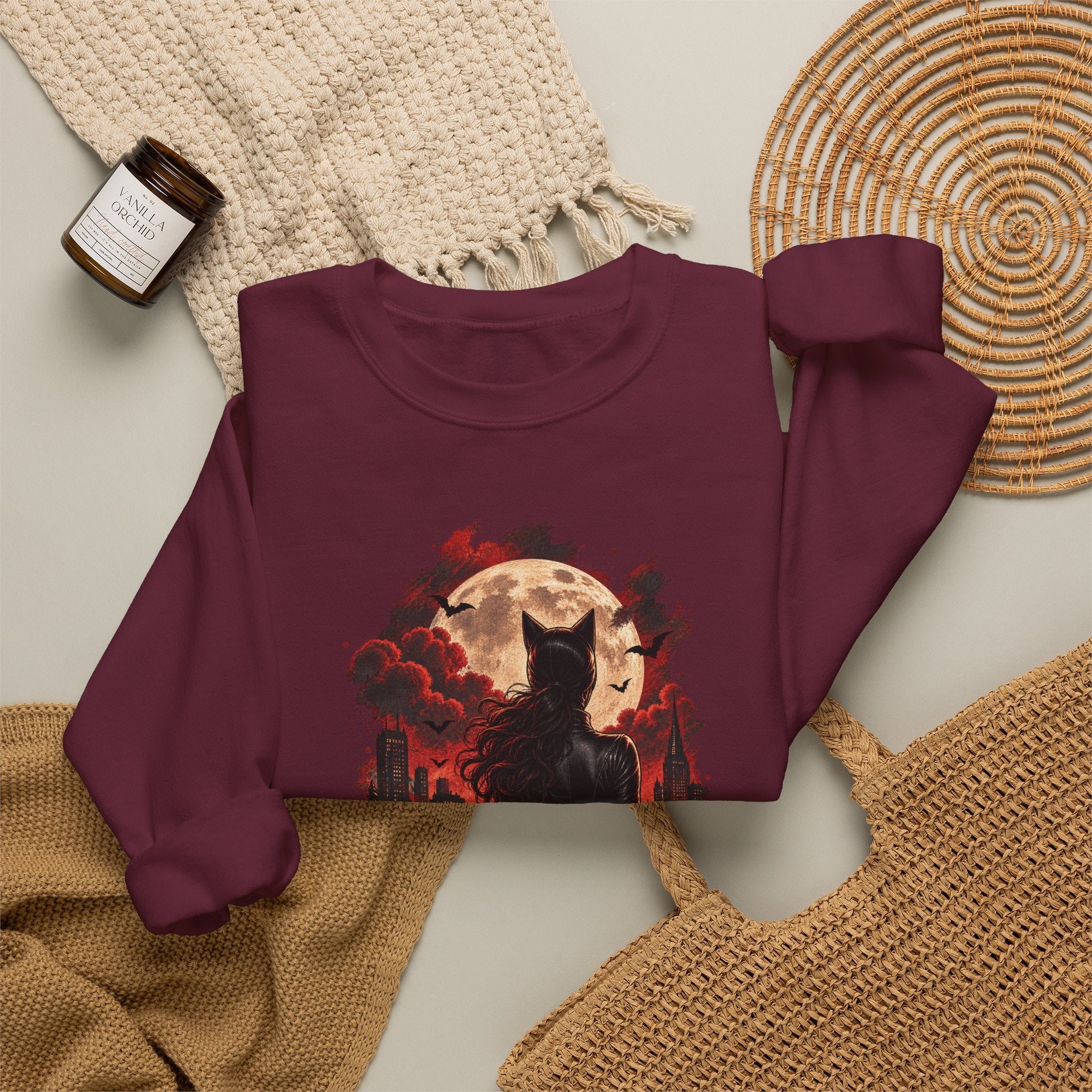 Black Cat Moon Crewneck Sweatshirt — Gothic Halloween Cat Graphic