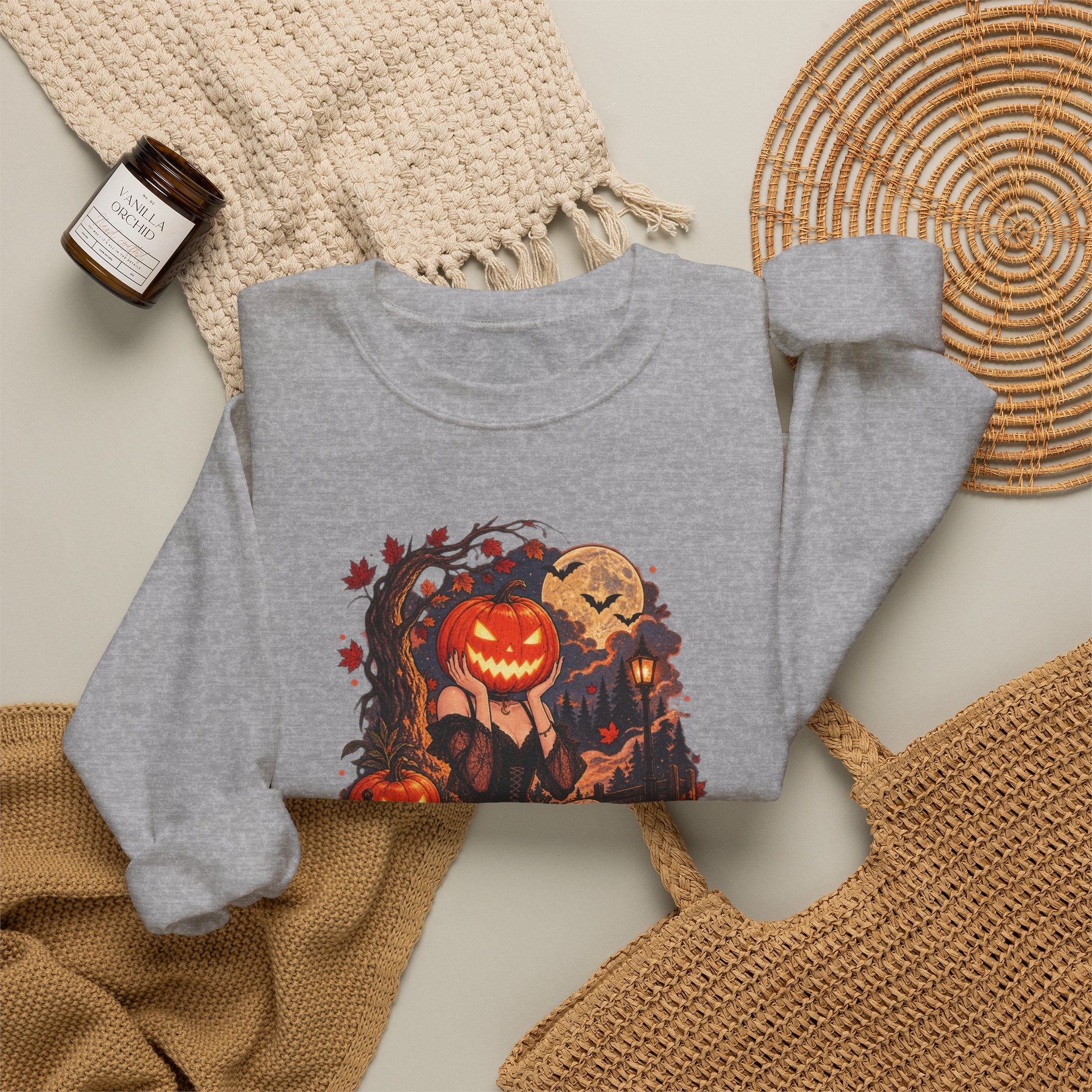 Halloween Pumpkin Girl Crewneck Sweatshirt — Spooky Autumn Graphic Sweatshirt