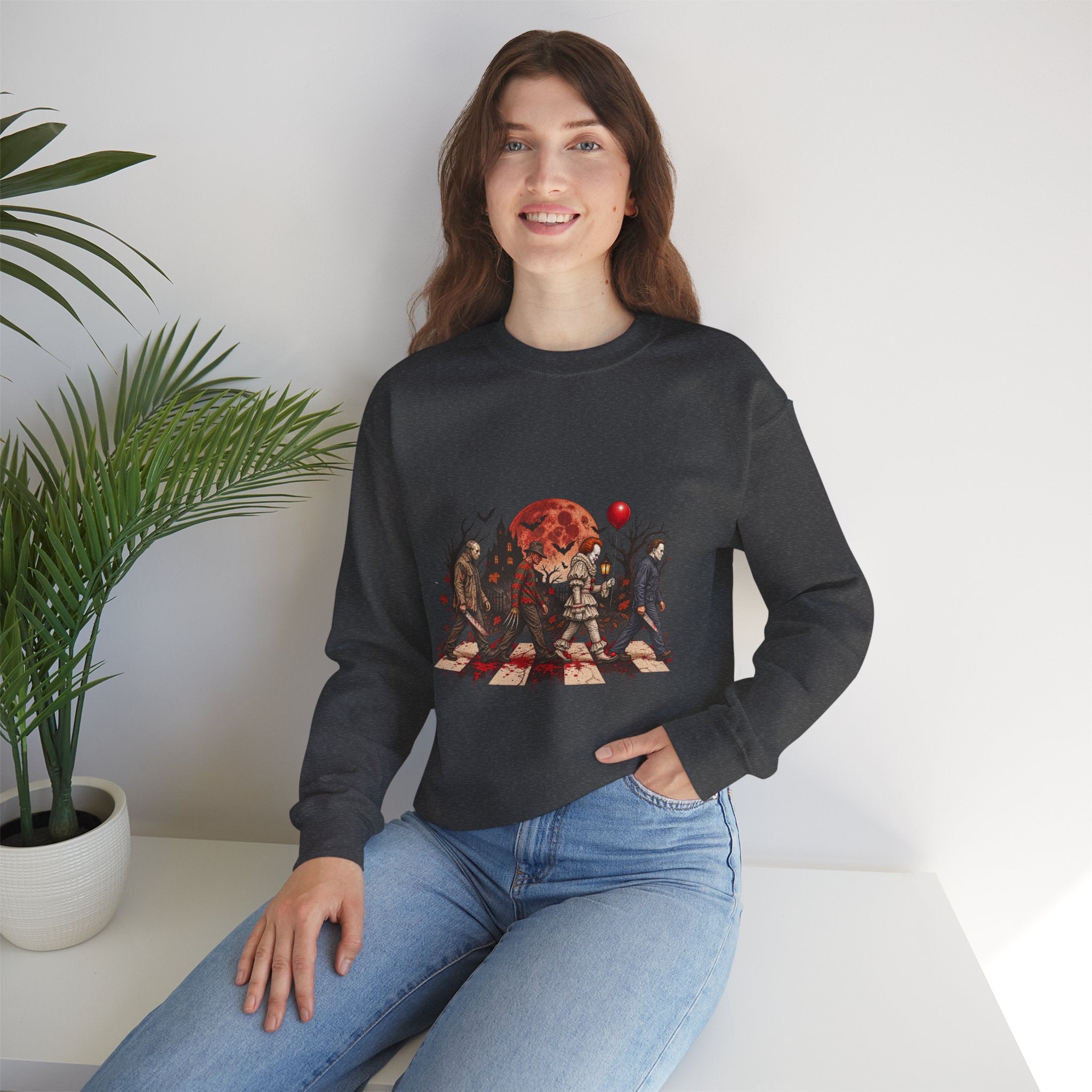 Horror Movie Icons Crewneck Sweatshirt — Pennywise, Jason & Slasher Silhouette Design