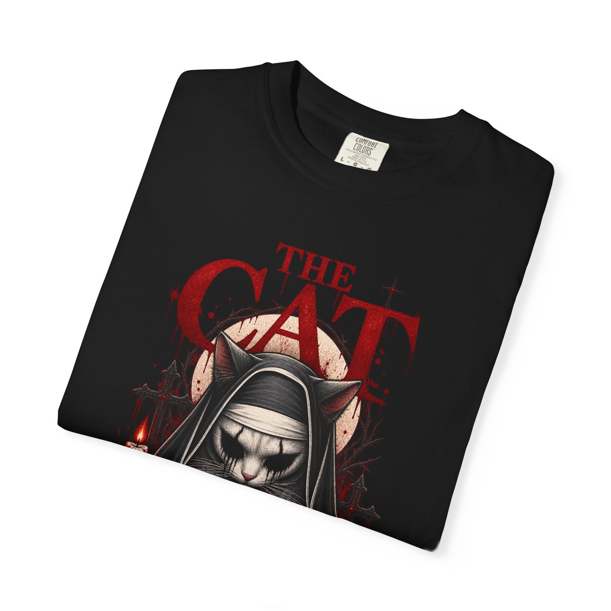 Gothic 'The Cat' T-Shirt — Nun Cat with Roses & Crosses