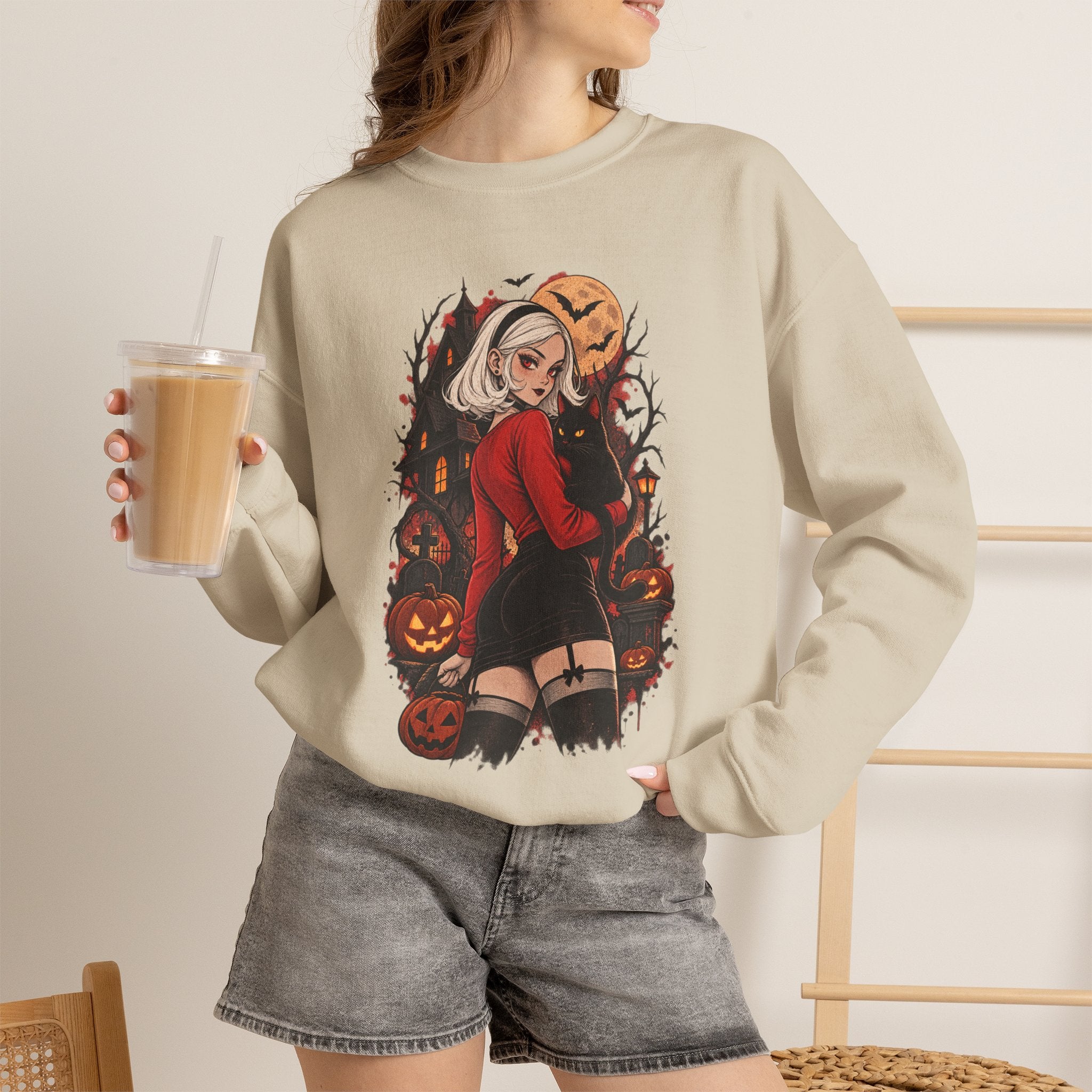 Halloween Pinup Crewneck Sweatshirt — Spooky Girl Pumpkin Design