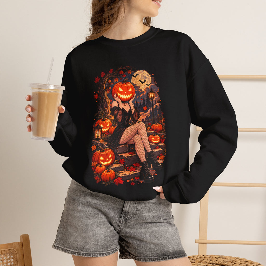 Halloween Pumpkin Girl Crewneck Sweatshirt — Spooky Autumn Graphic Sweatshirt