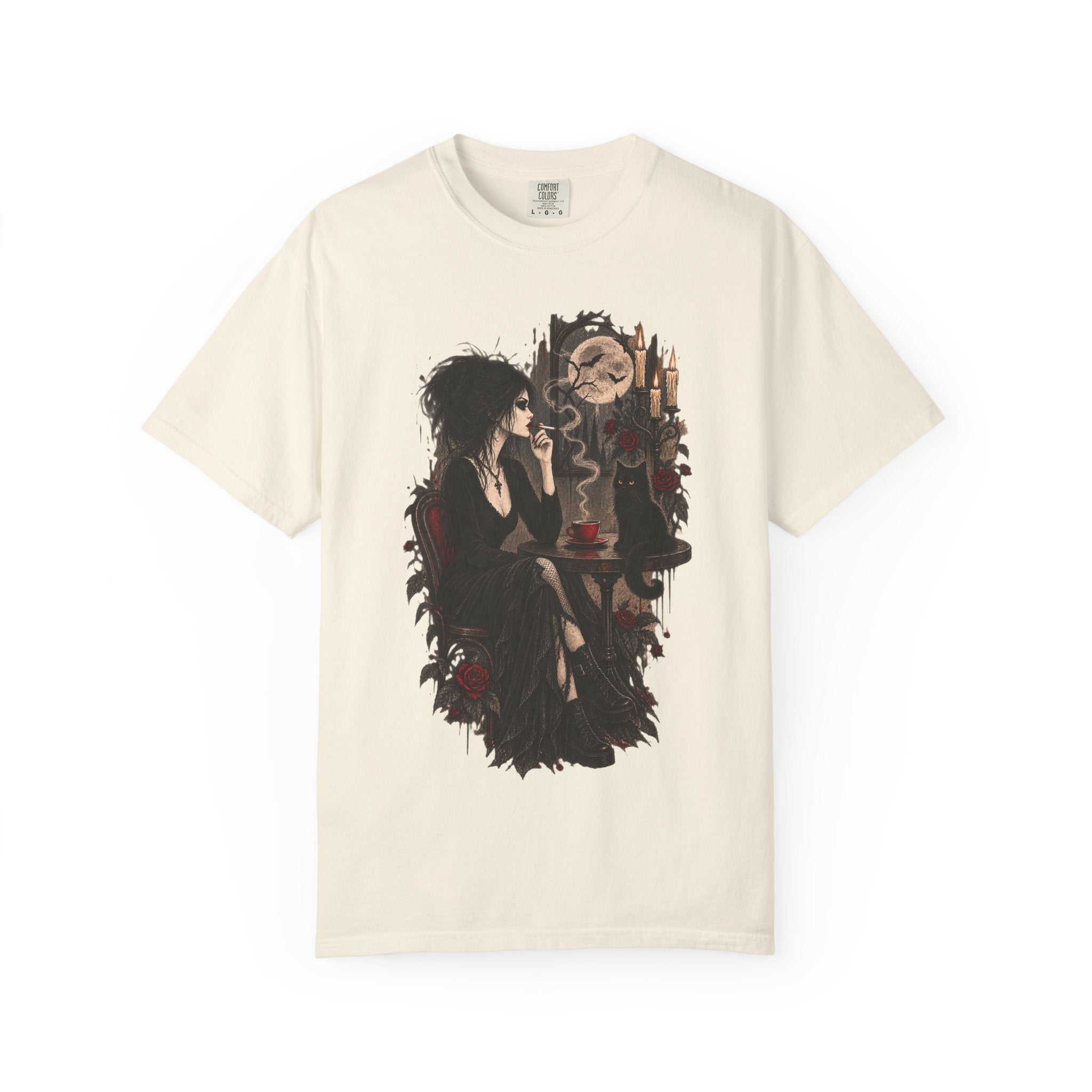 Witchy Tea Time T-Shirt — Gothic Woman with Moon & Candles Art