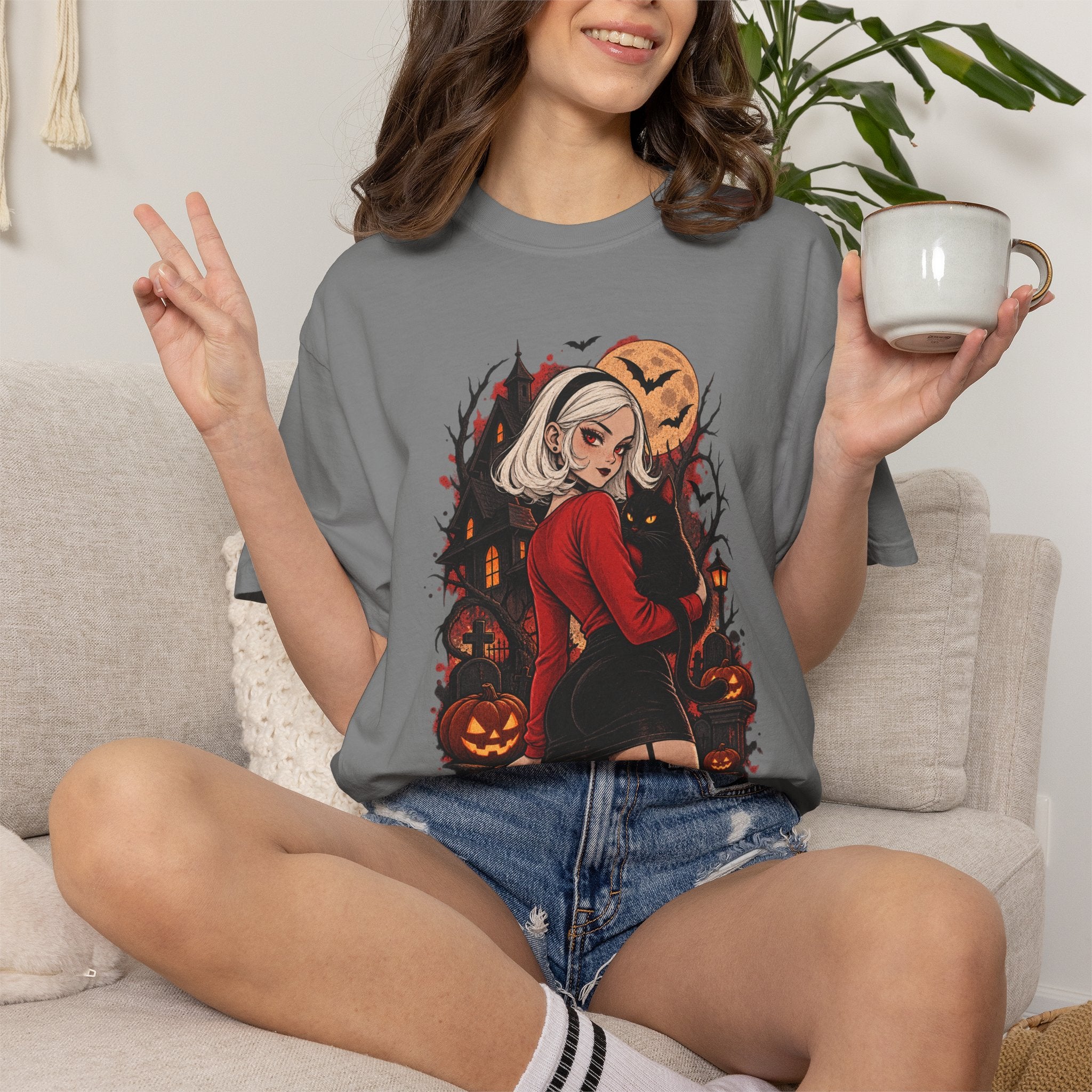 Halloween Pin-Up T-Shirt — Sexy Witch Girl with Jack-O'-Lanterns