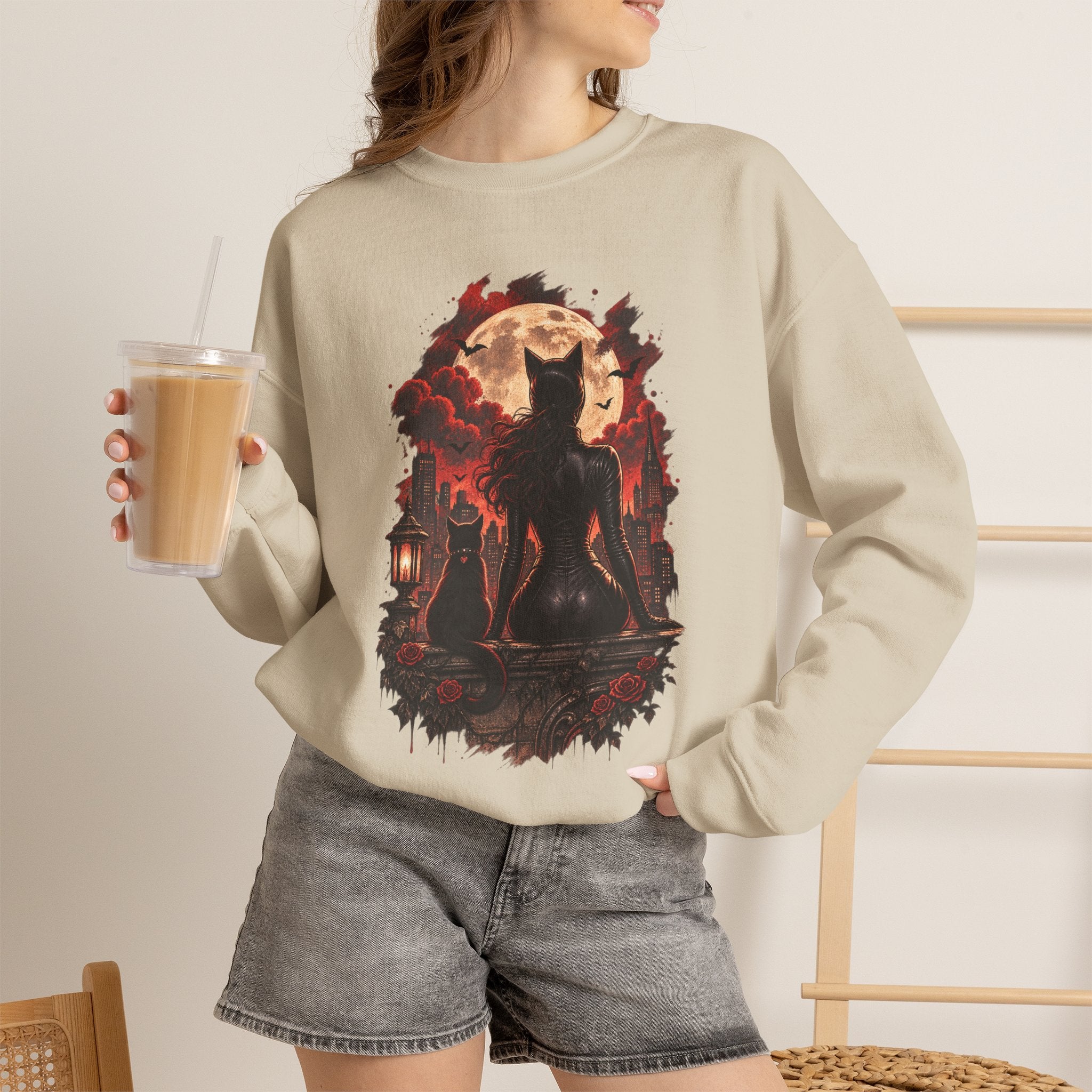 Black Cat Moon Crewneck Sweatshirt — Gothic Halloween Cat Graphic