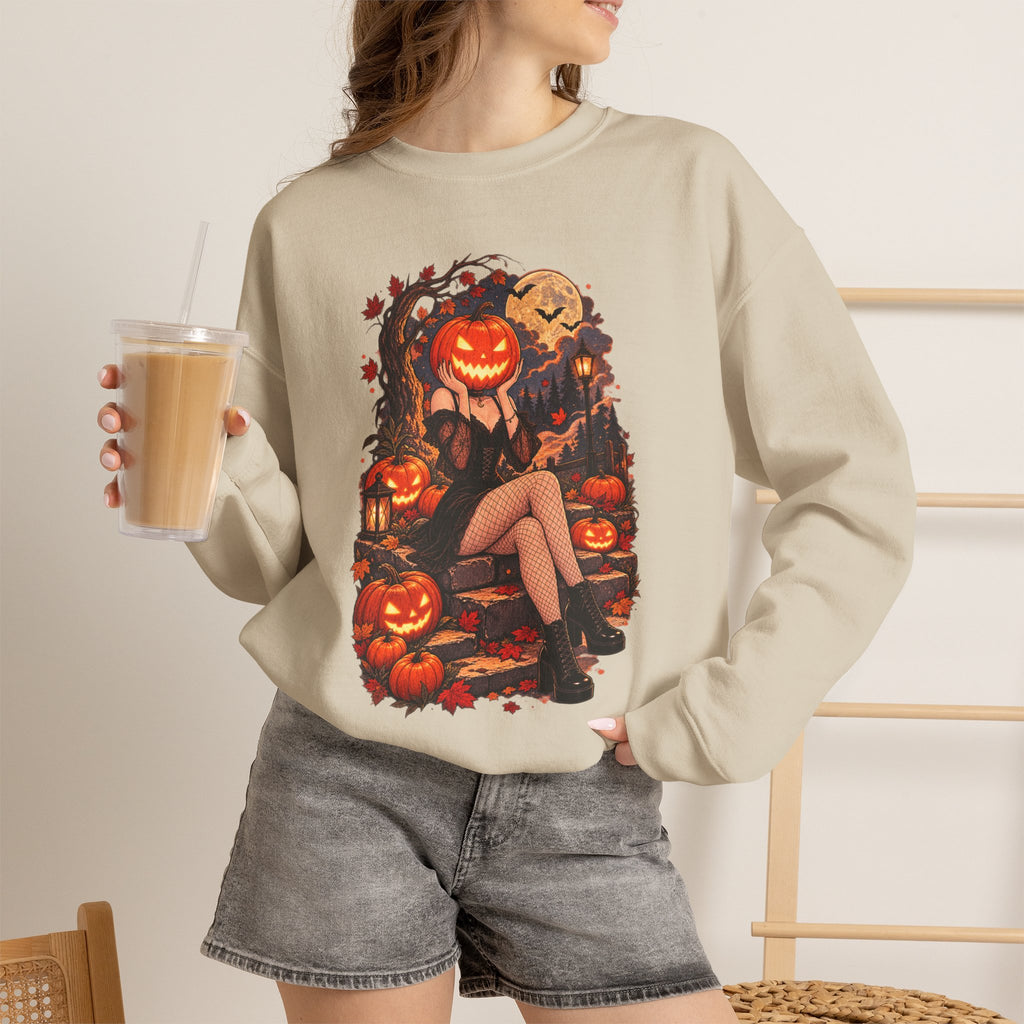 Halloween Pumpkin Girl Crewneck Sweatshirt — Spooky Autumn Graphic Sweatshirt