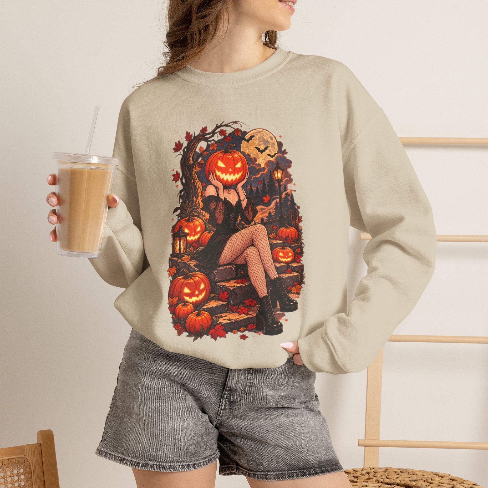 Halloween Pumpkin Girl Crewneck Sweatshirt — Spooky Autumn Graphic Sweatshirt