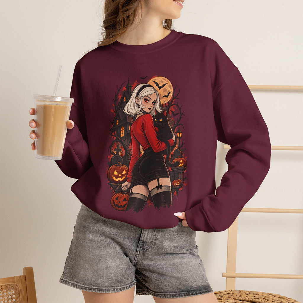 Halloween Pinup Crewneck Sweatshirt — Spooky Girl Pumpkin Design