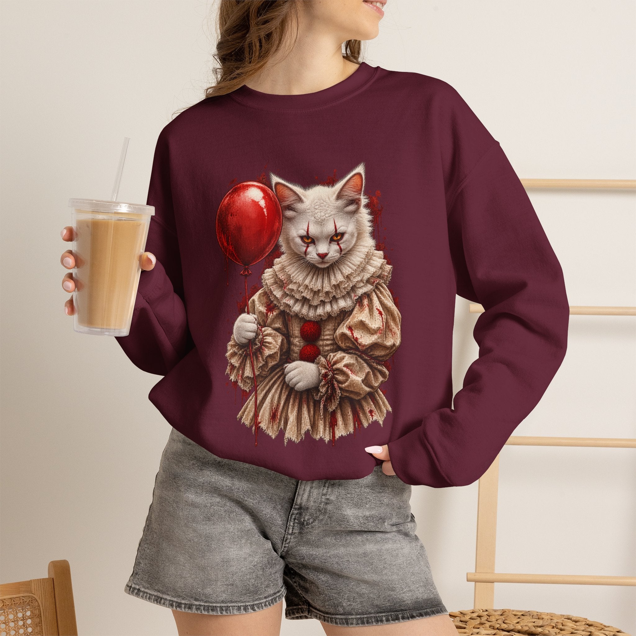 Cat Clown Crewneck Sweatshirt — Creepy Cat Holding Red Balloon Halloween Pullover