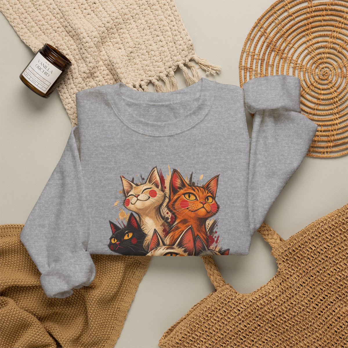 Cat Pack Crewneck Sweatshirt — Whimsical Multi-Cat Illustration