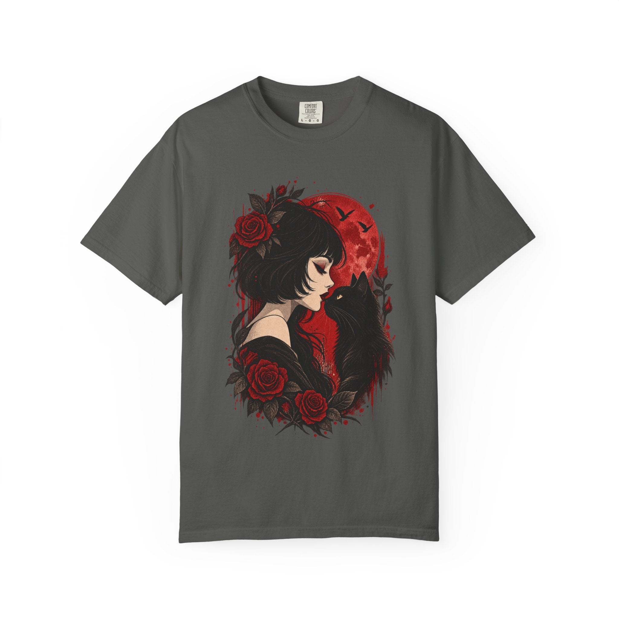 Gothic Girl & Black Cat T‑Shirt — Red Moon Rose Illustration