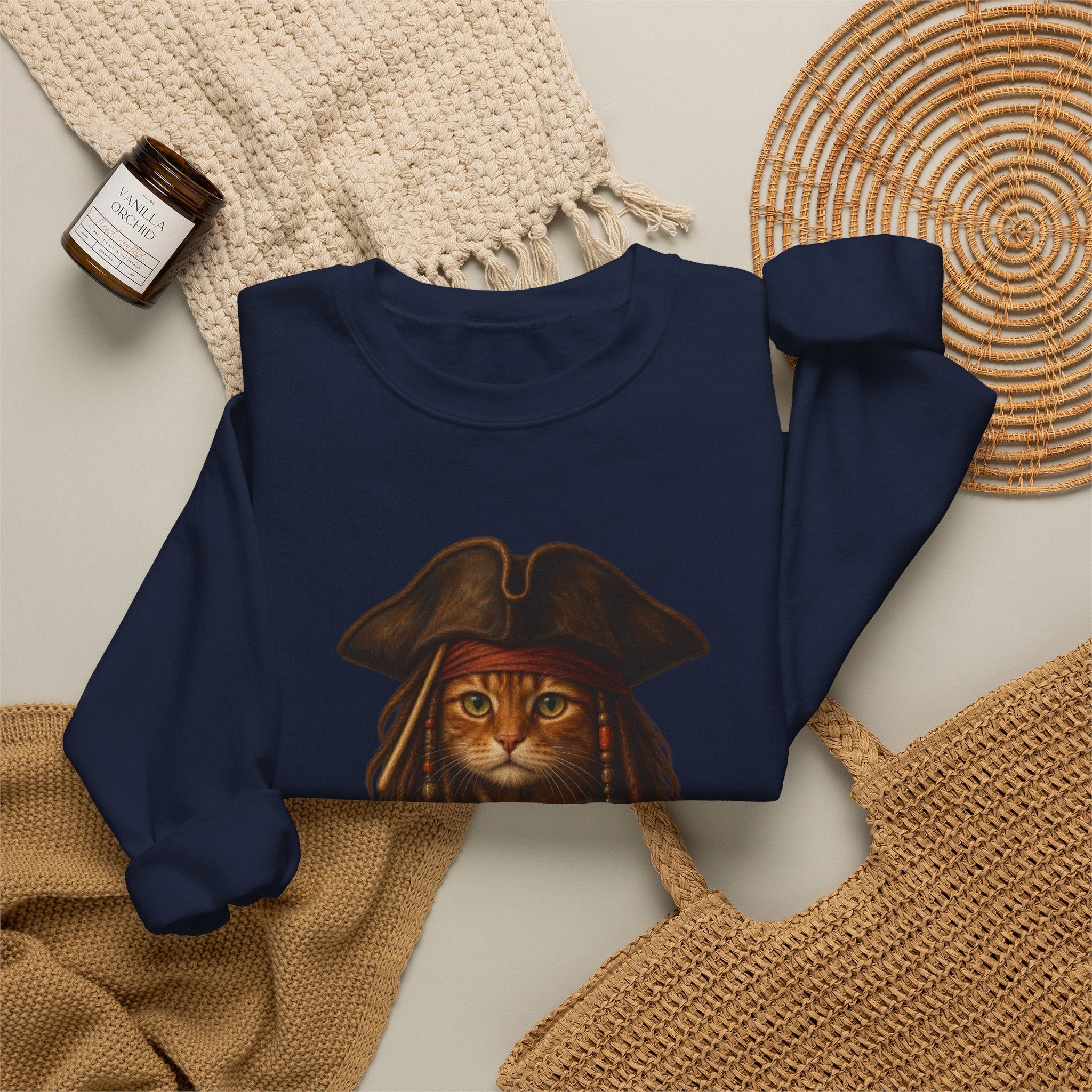 Pirate Cat Crewneck Sweatshirt — Captain Cat Portrait Pullover
