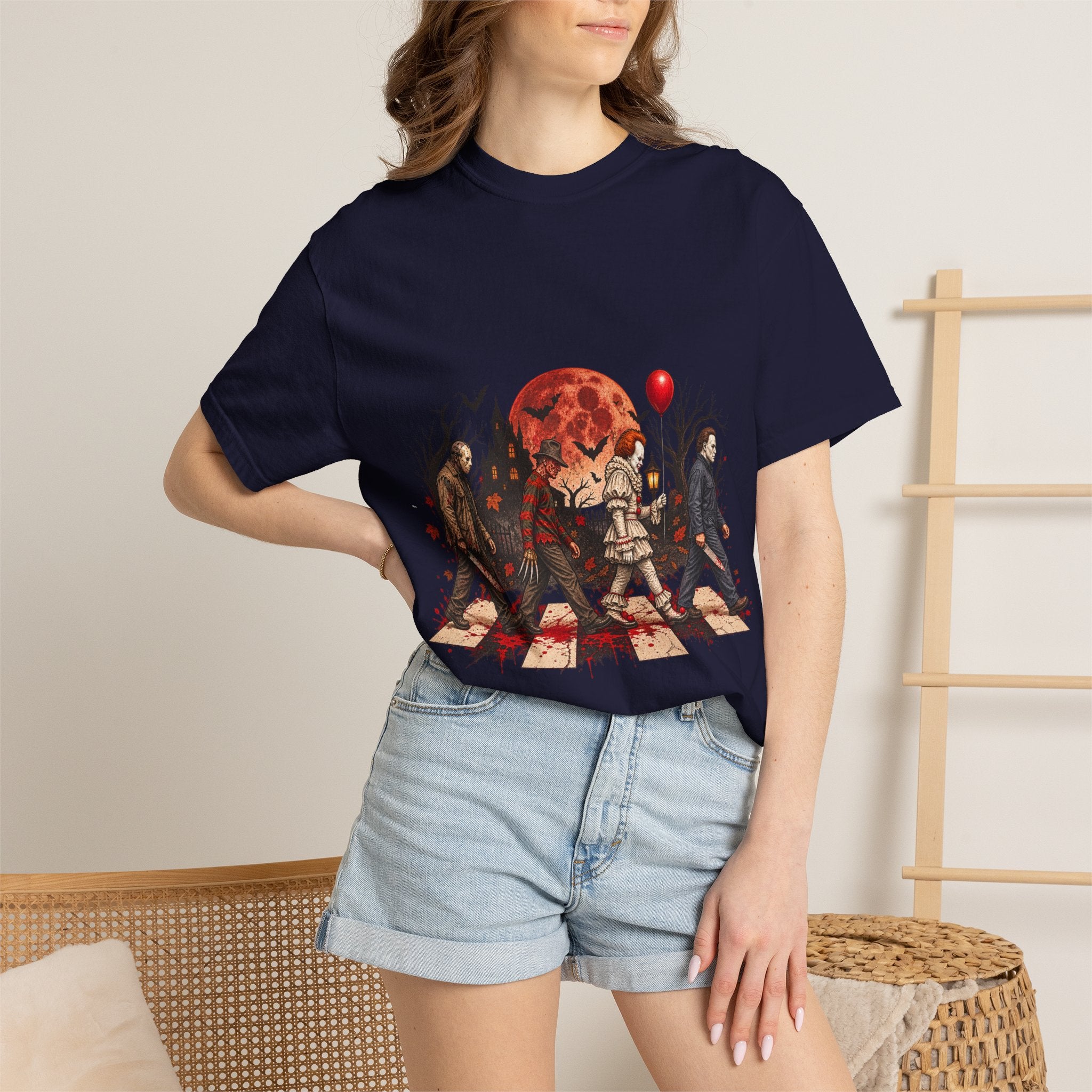 Horror Icons Crossing Graphic T-Shirt — Red Moon Pennywise & Slasher Mashup