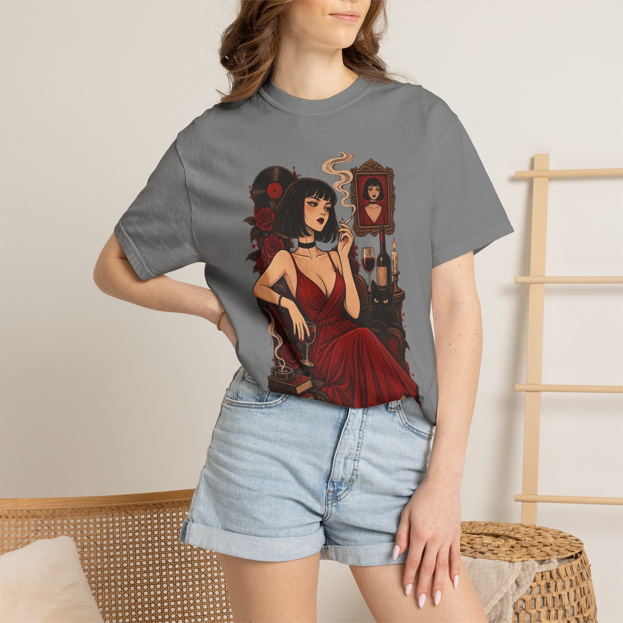 Vampy Noir Lady Graphic T-Shirt — Gothic Red Dress Illustration