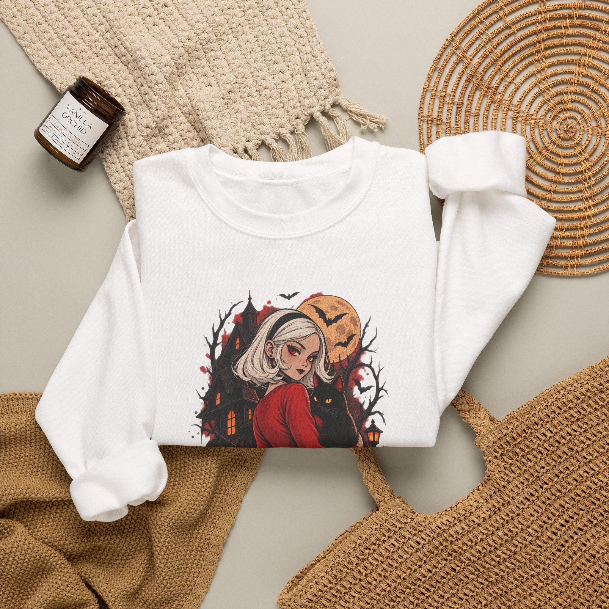 Halloween Pinup Crewneck Sweatshirt — Spooky Girl Pumpkin Design