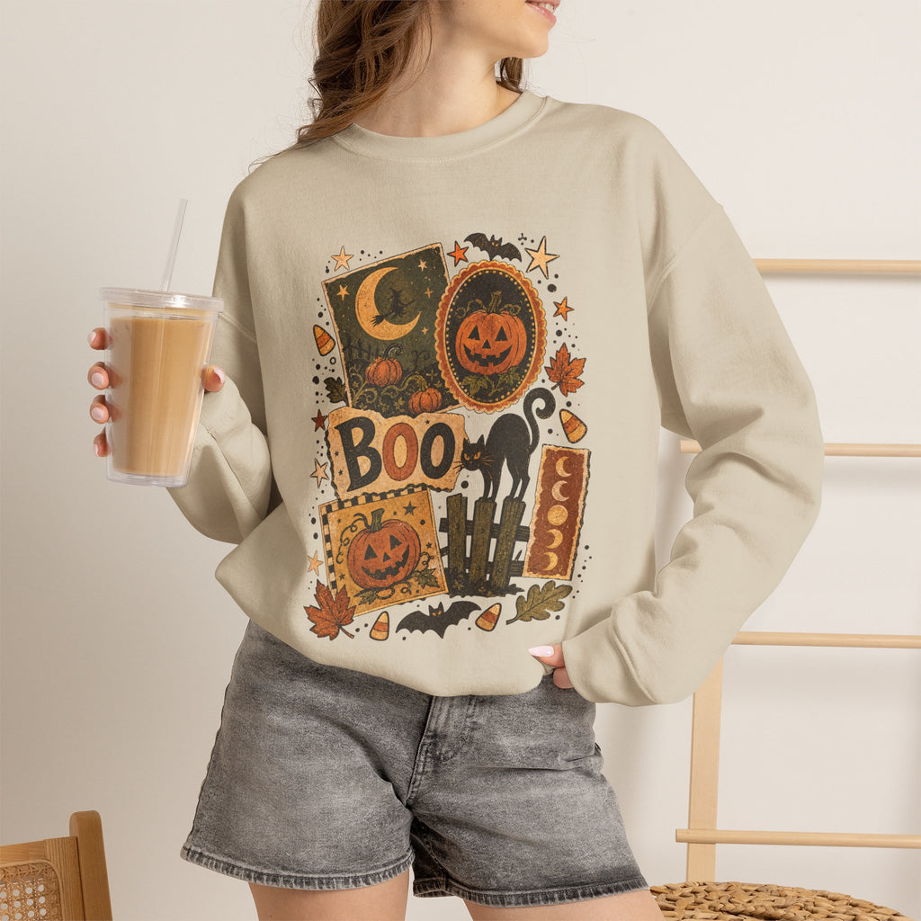 Halloween Vintage Patchwork Sweatshirt – 'Boo' Jack-o'-Lantern Crewneck
