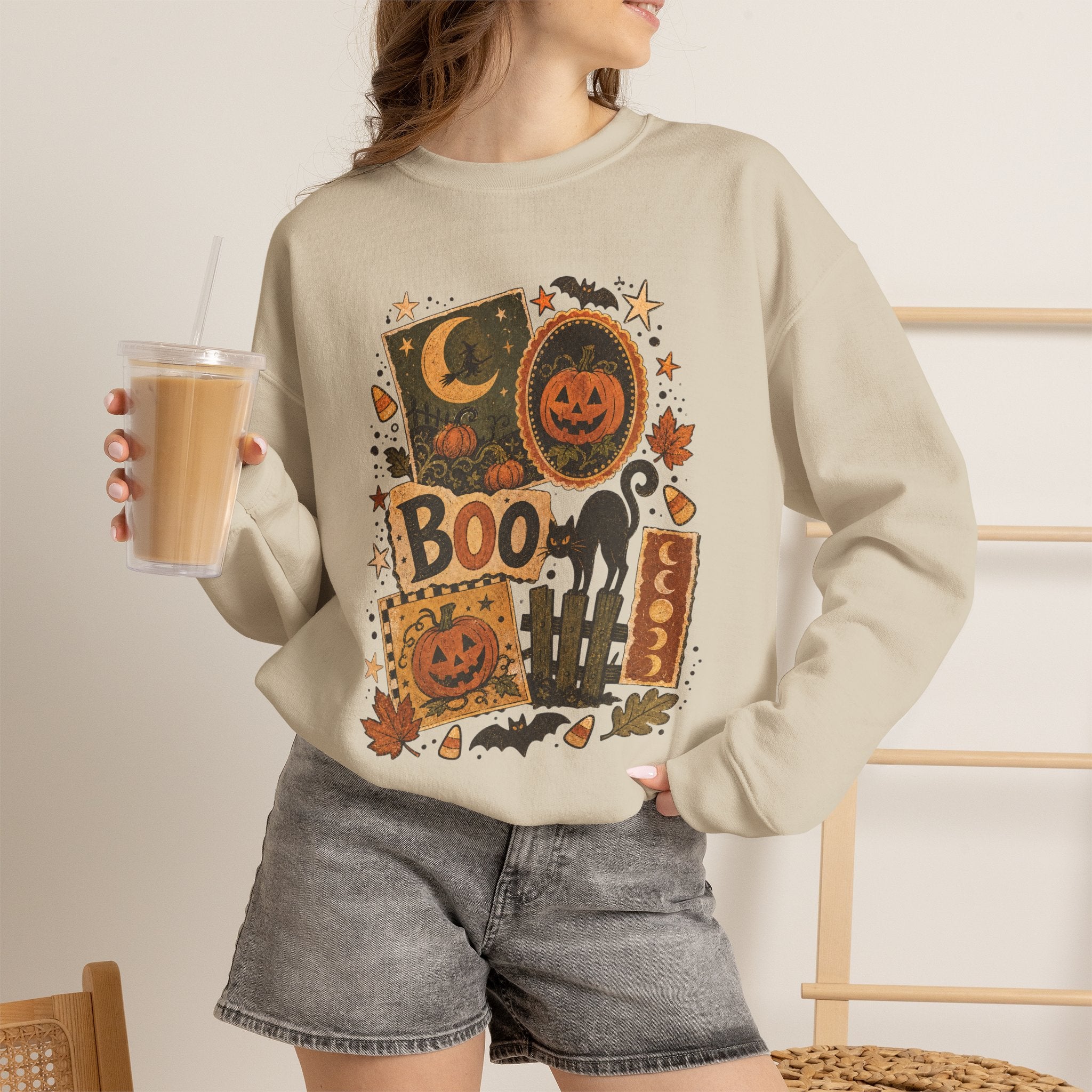 Halloween Vintage Patchwork Sweatshirt – 'Boo' Jack-o'-Lantern Crewneck