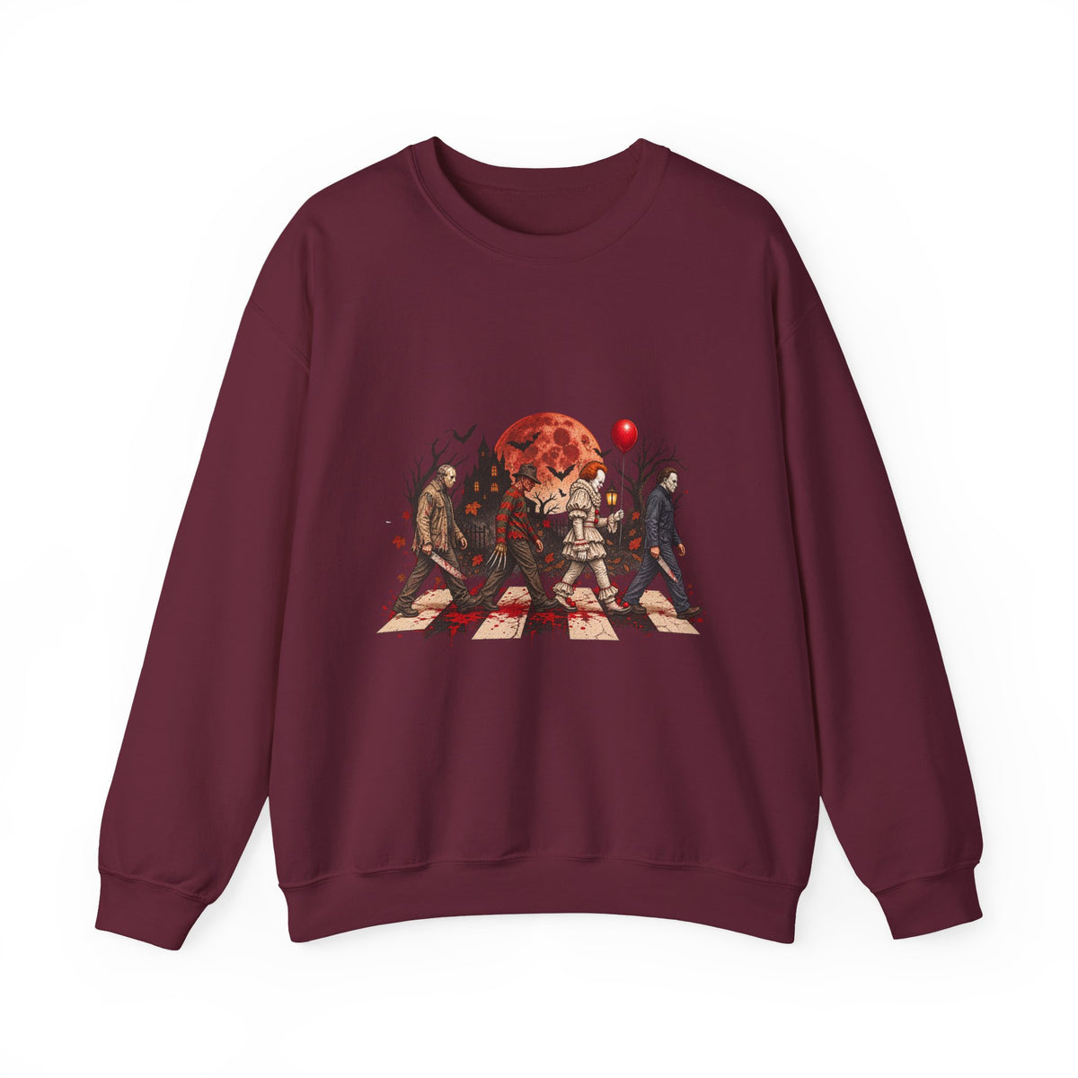 Horror Movie Icons Crewneck Sweatshirt — Pennywise, Jason & Slasher Silhouette Design