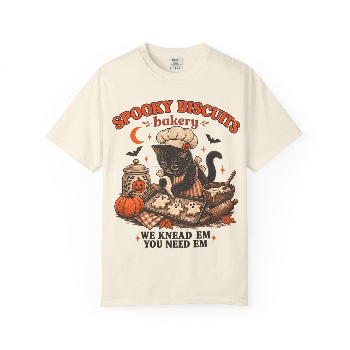 Spooky Biscuits Bakery T-Shirt — Halloween Black Cat Baking Tee (“We Knead ’Em, You Need ’Em”)