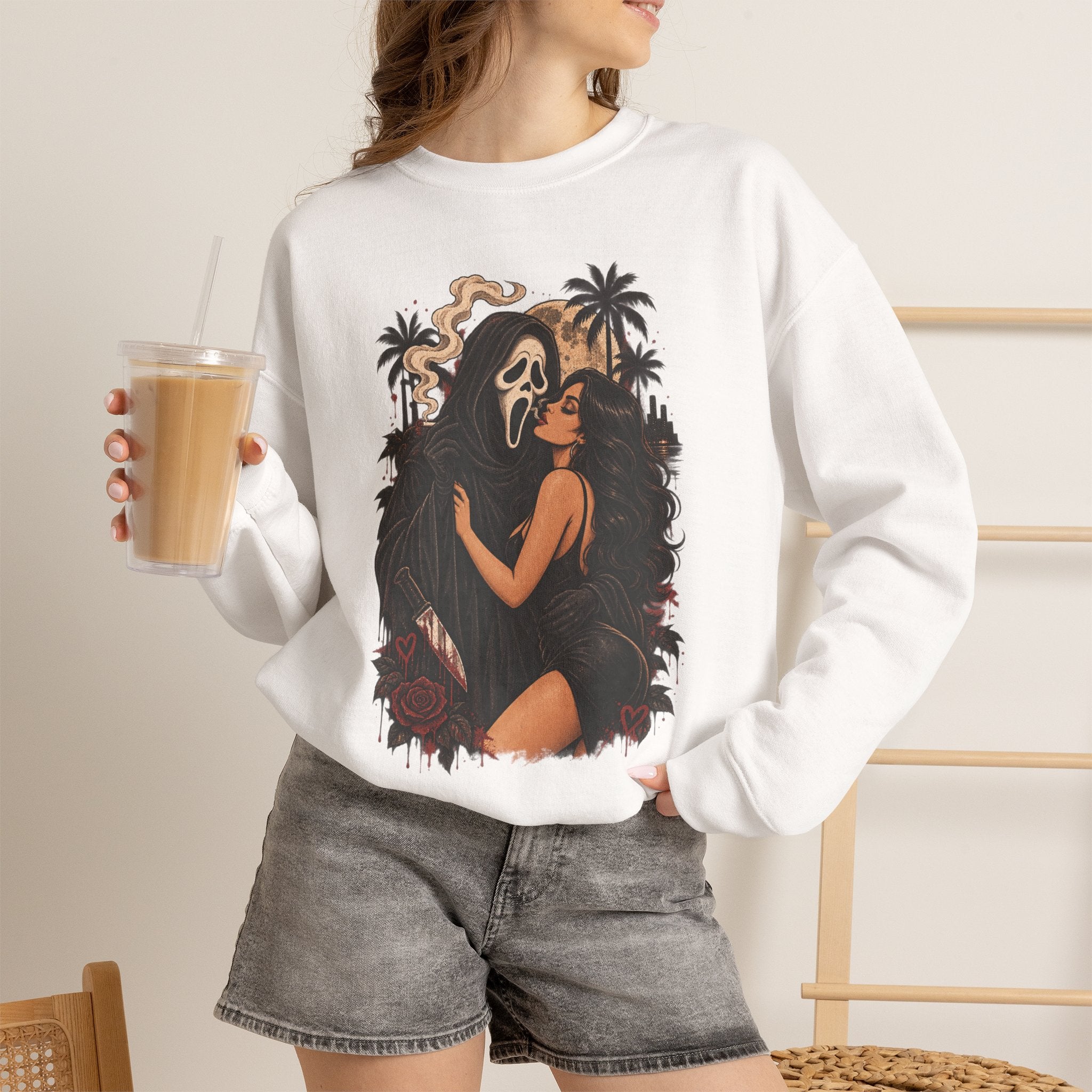 Horror Romance Crewneck Sweatshirt – Masked Ghost Embrace Graphic