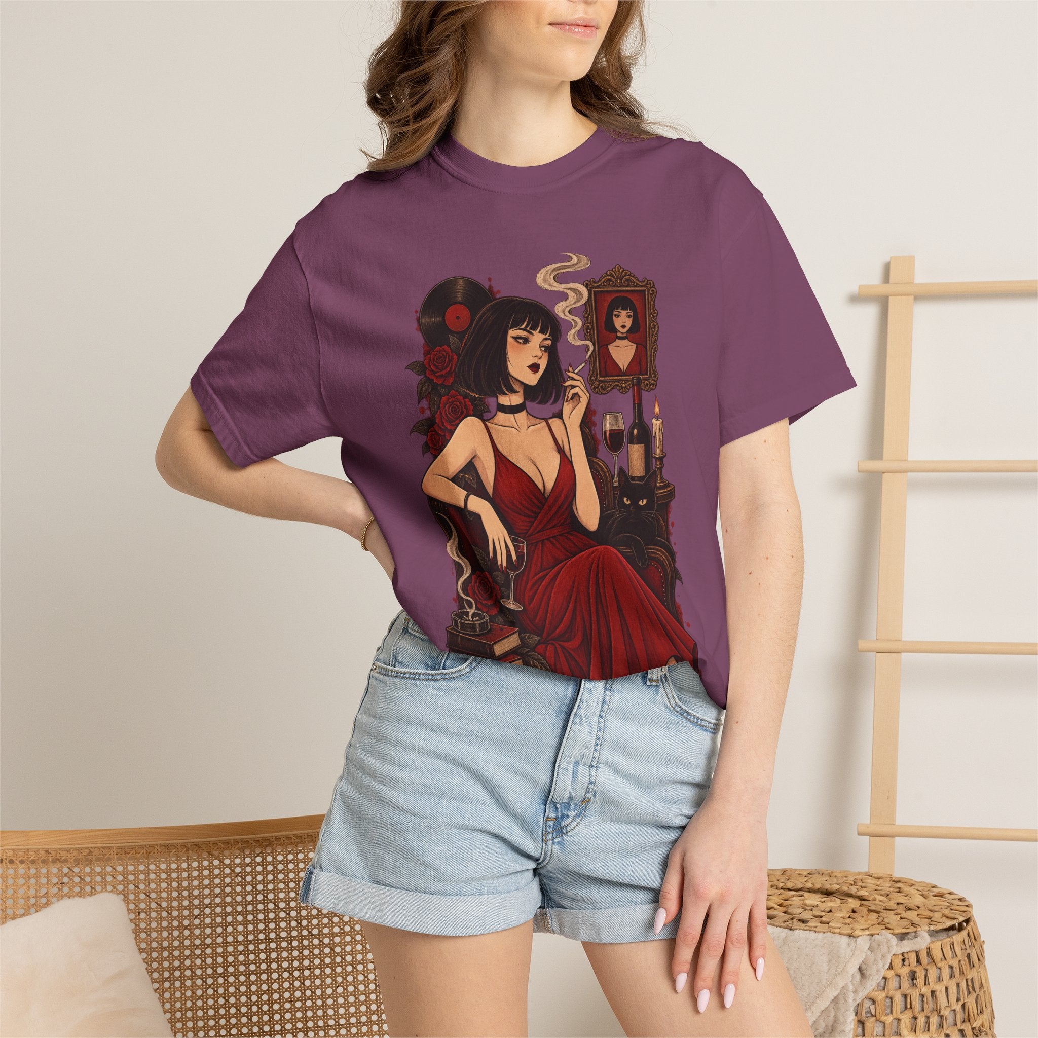 Vampy Noir Lady Graphic T-Shirt — Gothic Red Dress Illustration