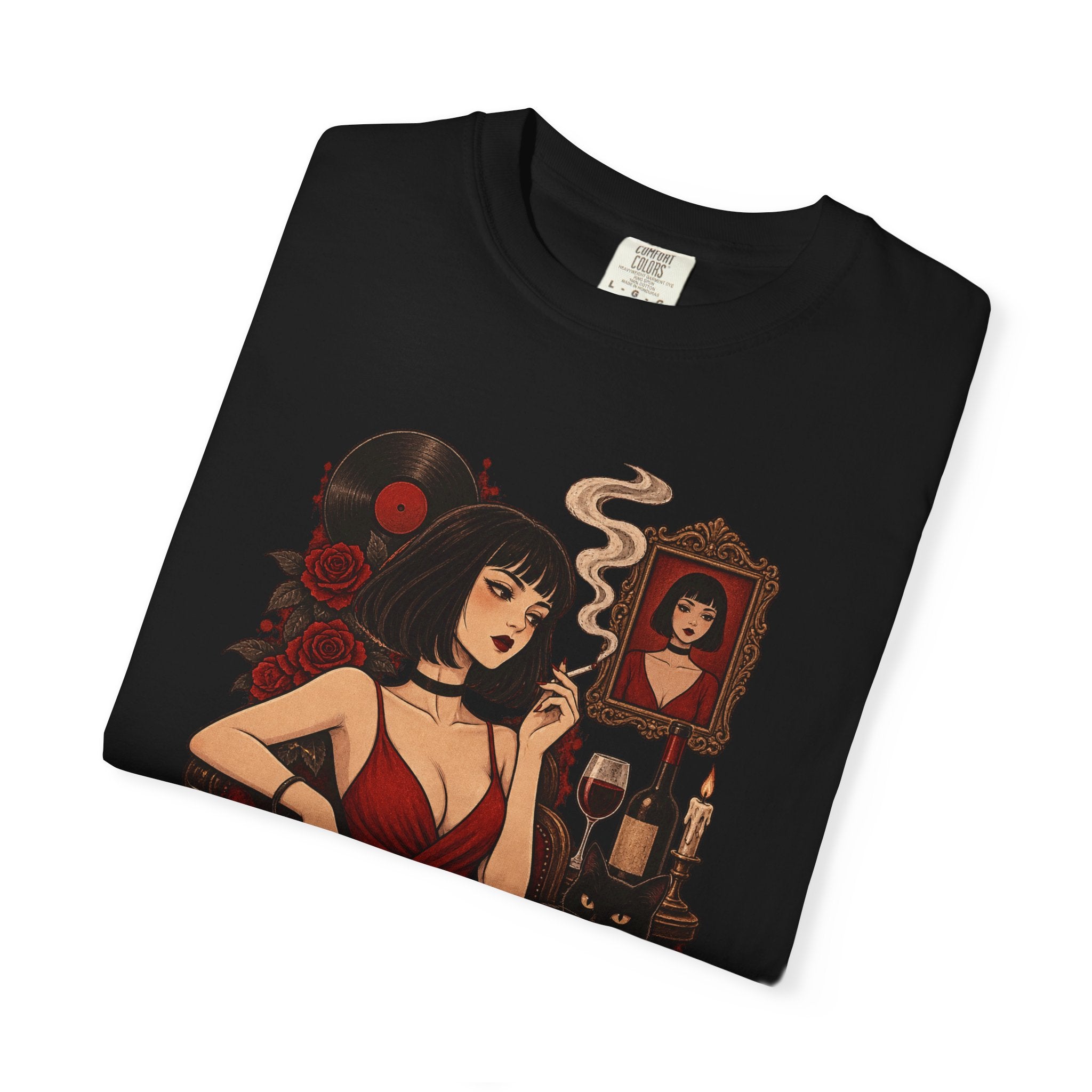 Vampy Noir Lady Graphic T-Shirt — Gothic Red Dress Illustration