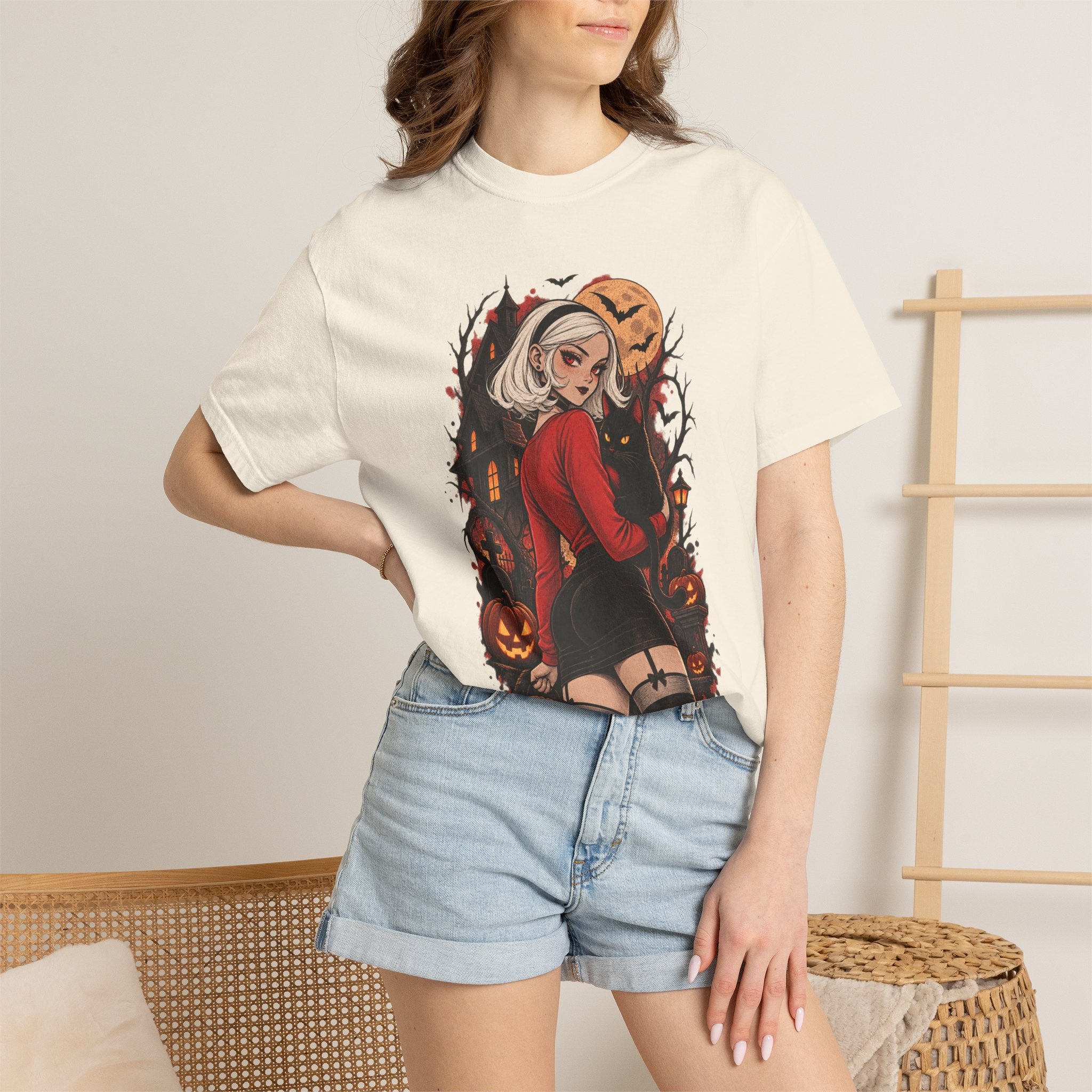 Halloween Pin-Up T-Shirt — Sexy Witch Girl with Jack-O'-Lanterns