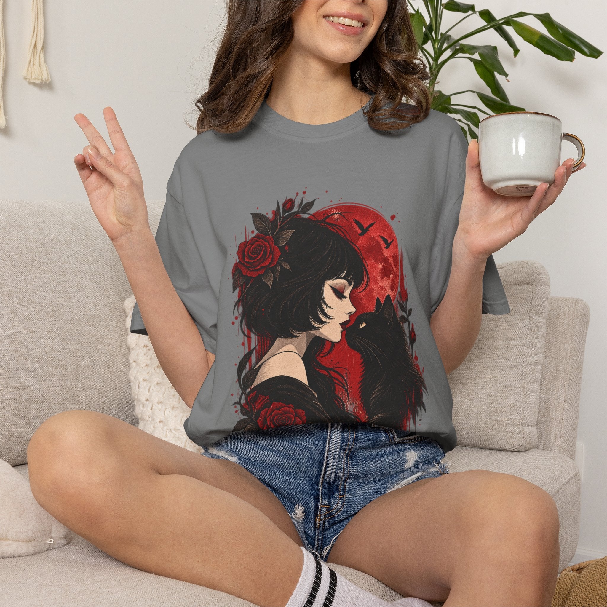 Gothic Girl & Black Cat T‑Shirt — Red Moon Rose Illustration