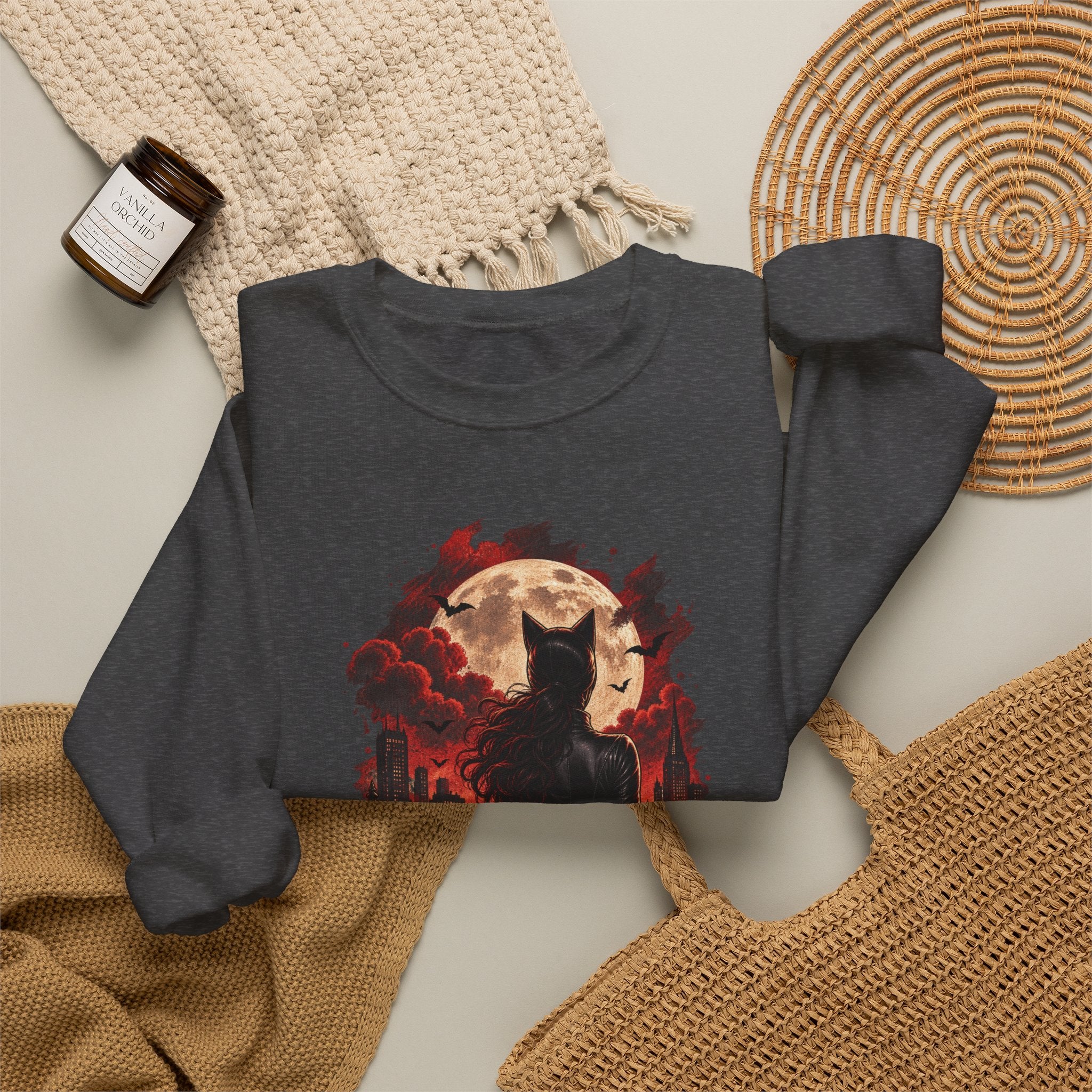 Black Cat Moon Crewneck Sweatshirt — Gothic Halloween Cat Graphic