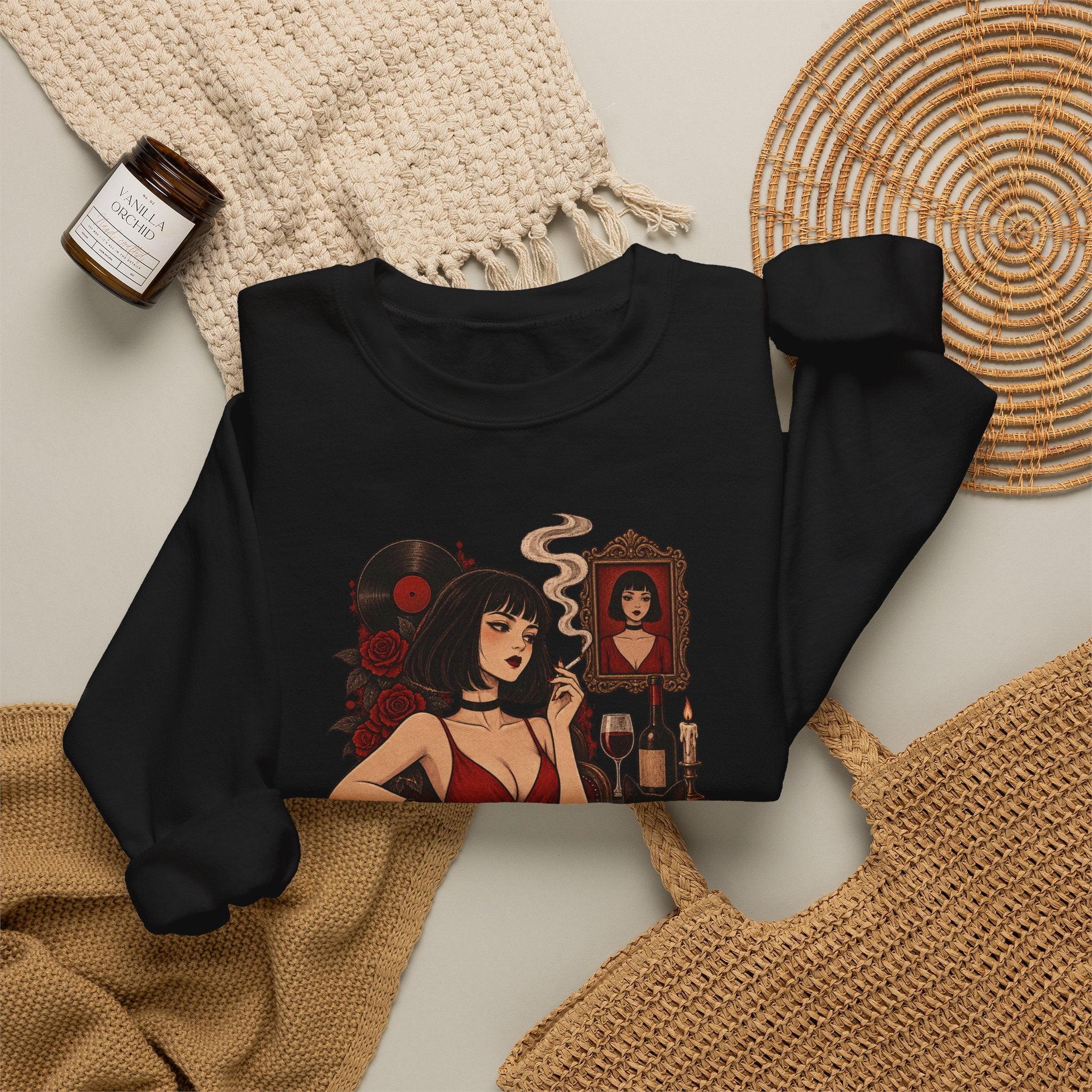 Gothic Noir Crewneck Sweatshirt — "Midnight Parlour" Retro Vampire Femme Design