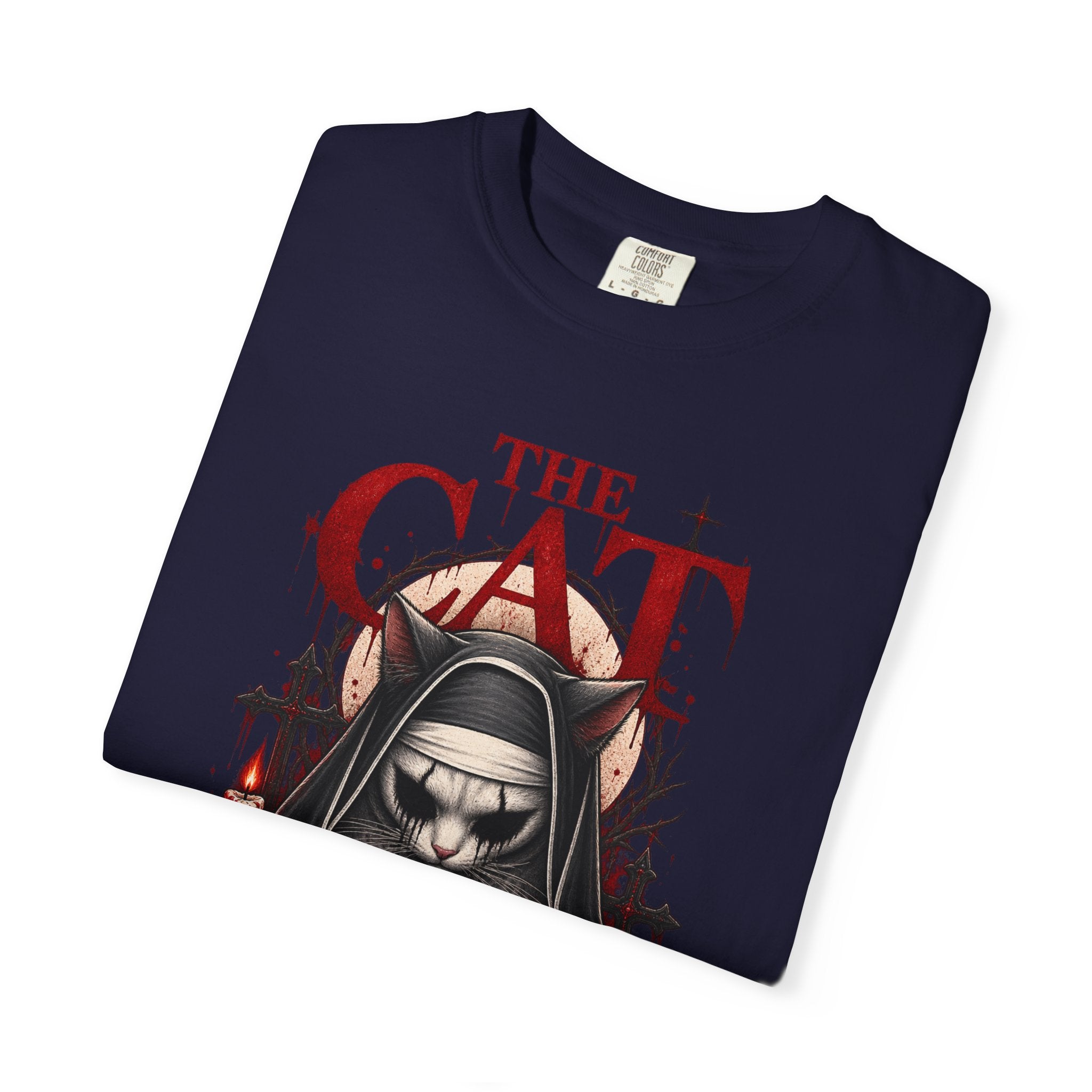 Gothic 'The Cat' T-Shirt — Nun Cat with Roses & Crosses