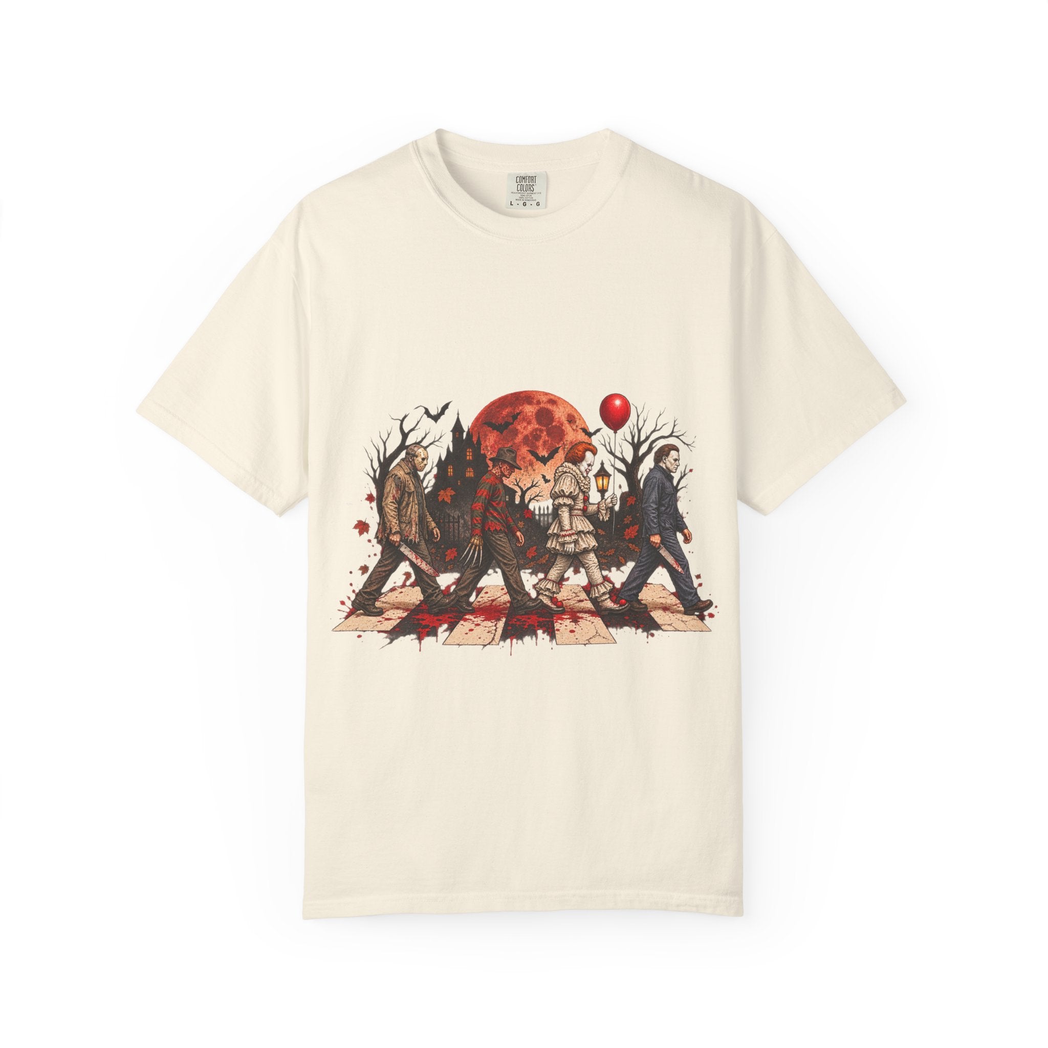 Horror Icons Crossing Graphic T-Shirt — Red Moon Pennywise & Slasher Mashup