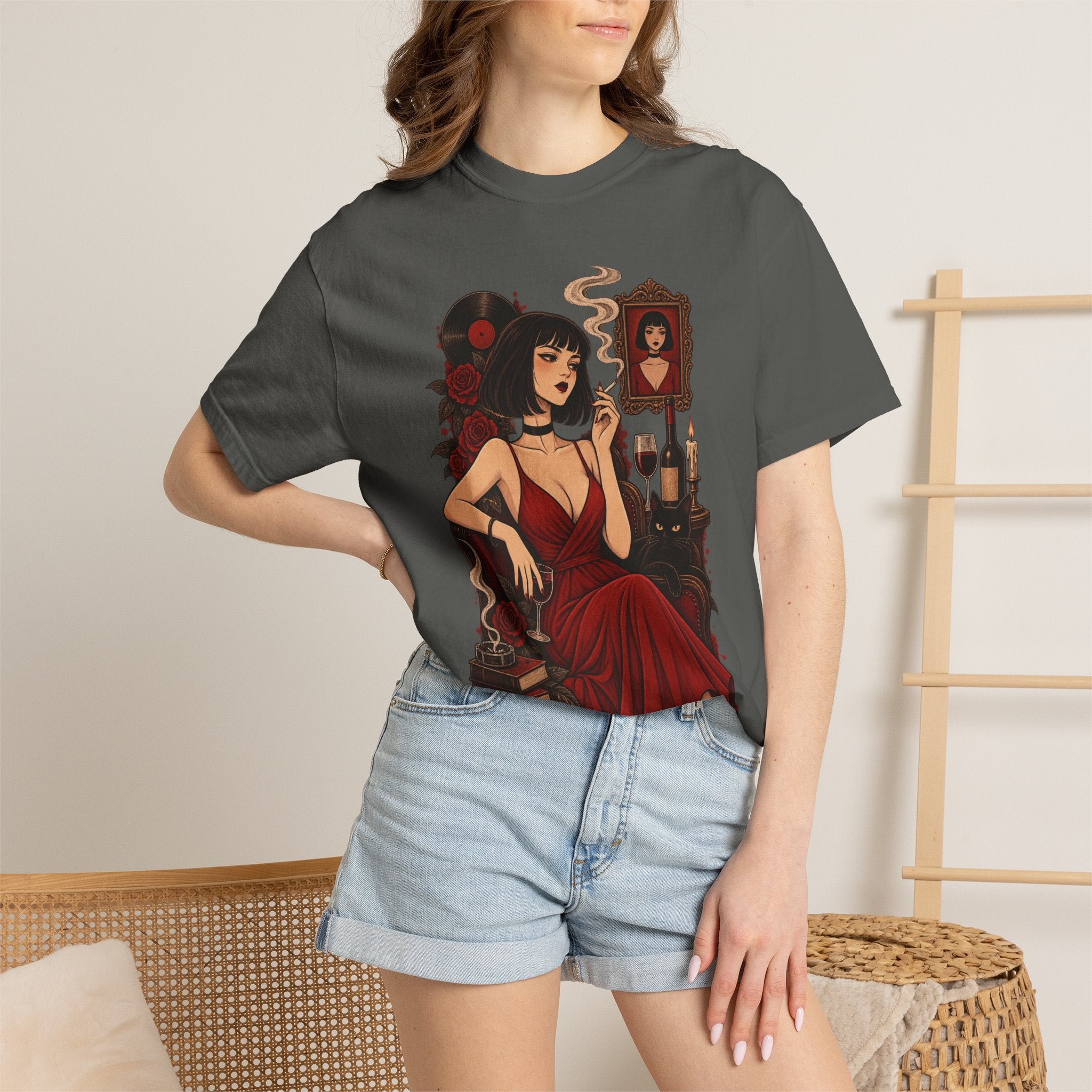 Vampy Noir Lady Graphic T-Shirt — Gothic Red Dress Illustration