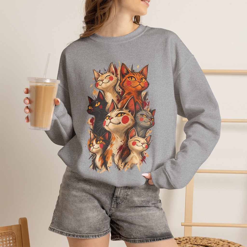 Cat Pack Crewneck Sweatshirt — Whimsical Multi-Cat Illustration