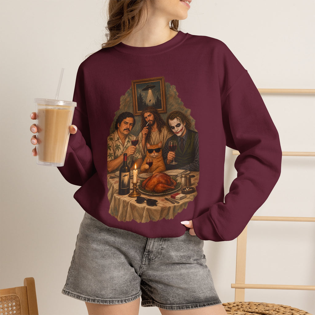 Crewneck Sweatshirt — Vintage Movie Villains Thanksgiving Dinner Graphic